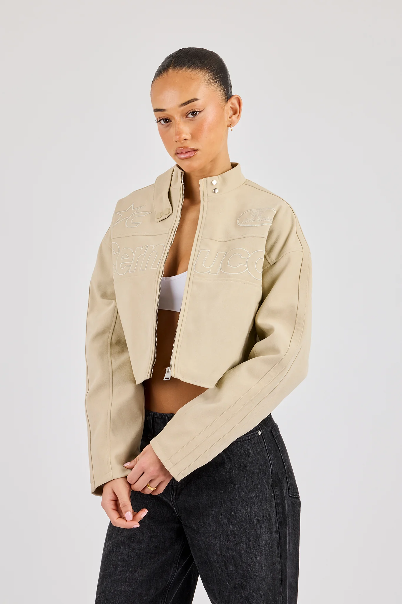 Suede Applique Moto Jacket - Beige - Image 2