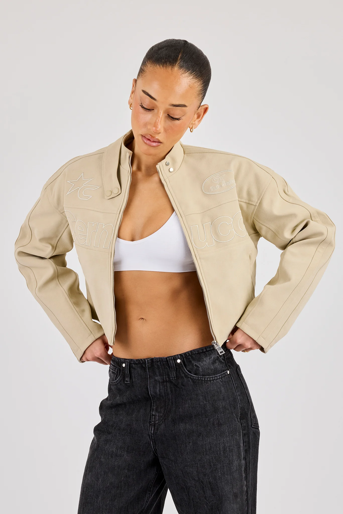 Suede Applique Moto Jacket - Beige - Image 3