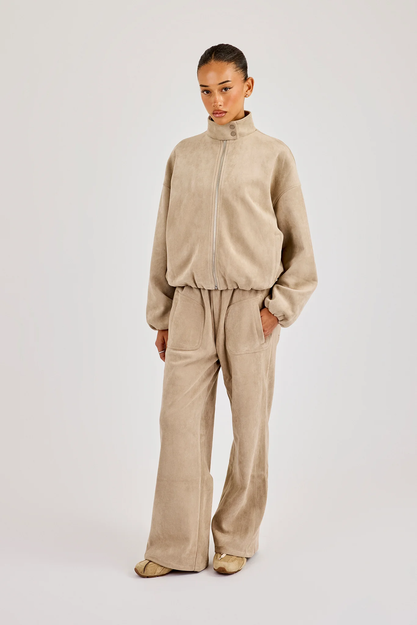 Suede Biker Jacket & Wide Leg Jogger - Beige - Image 2