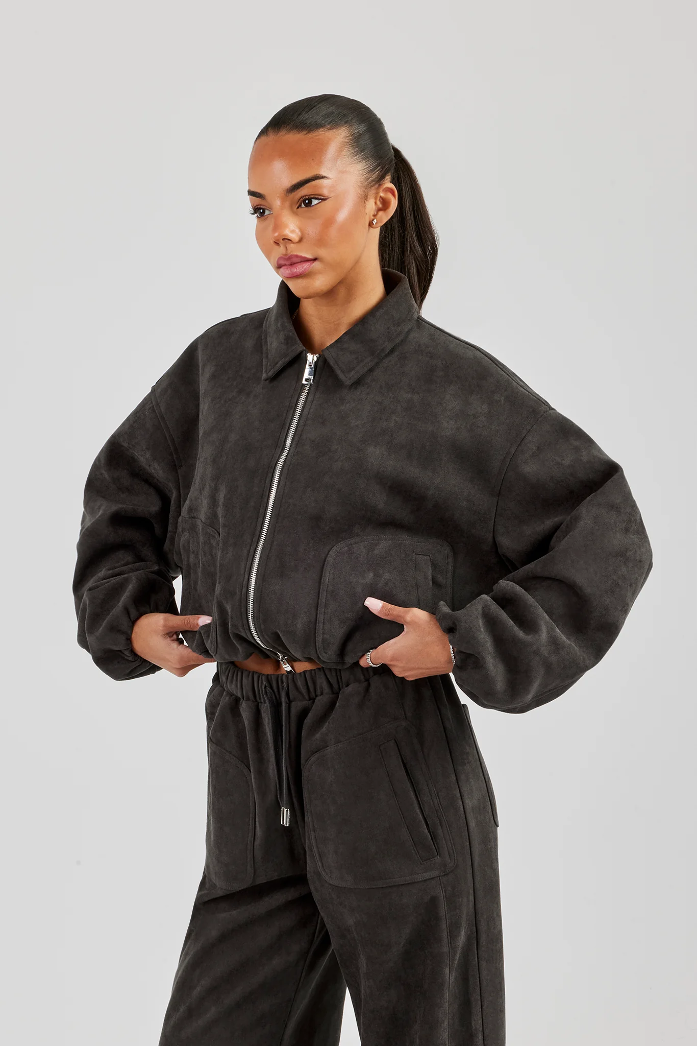 Suede Collared Bomber Jacket - Charcoal - Image 2