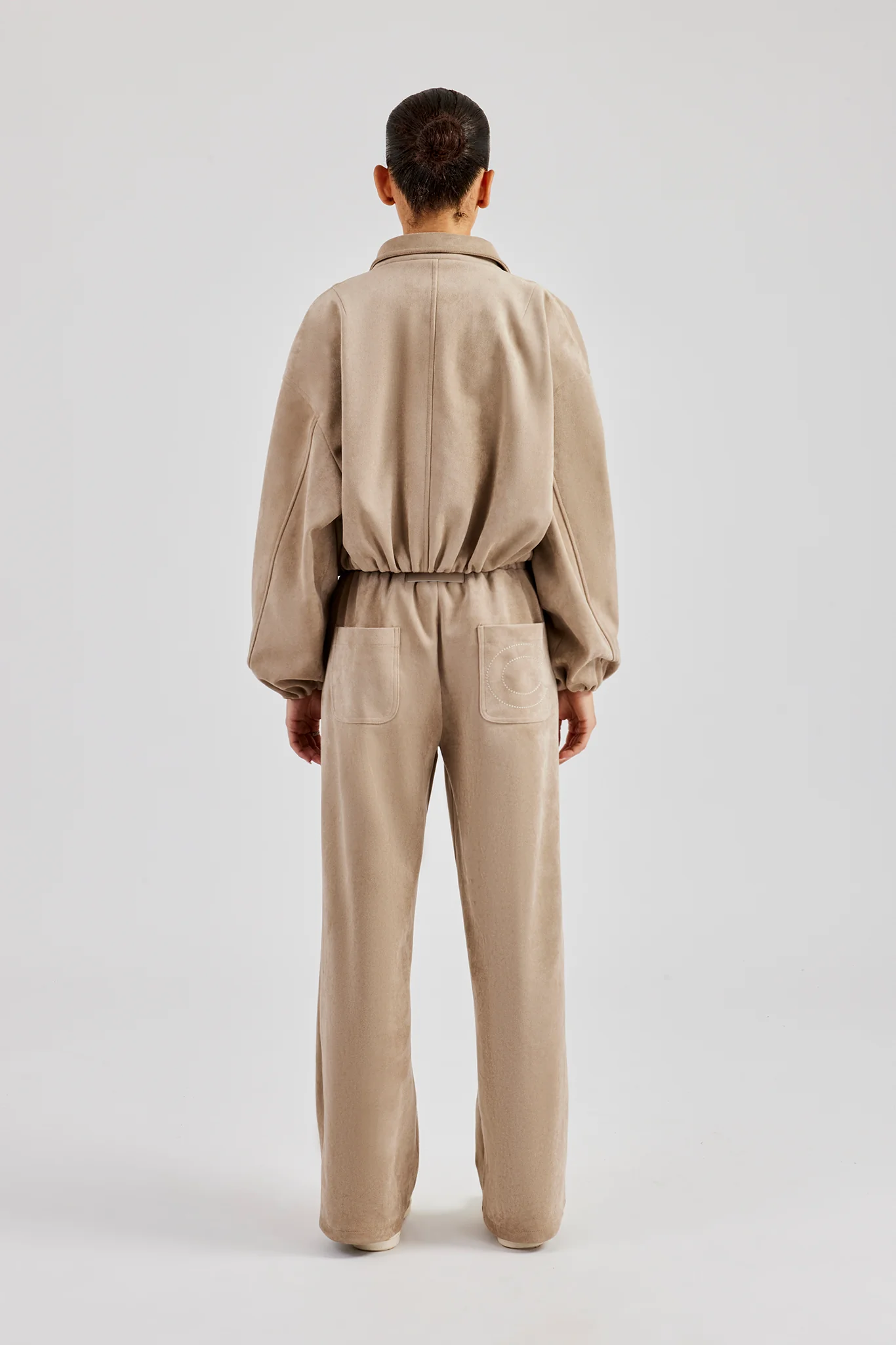 Suede Collared Bomber Jacket & Wide Leg Trouser - Beige - Image 3