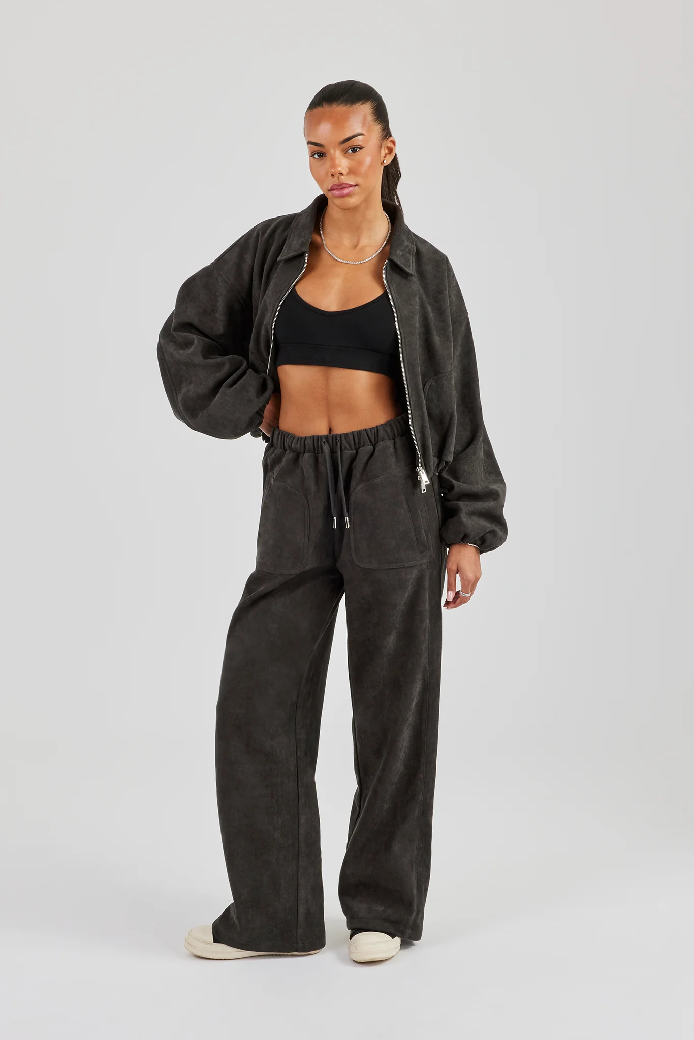 Suede Collared Bomber Jacket & Wide Leg Trouser - Charcoal - Image 2