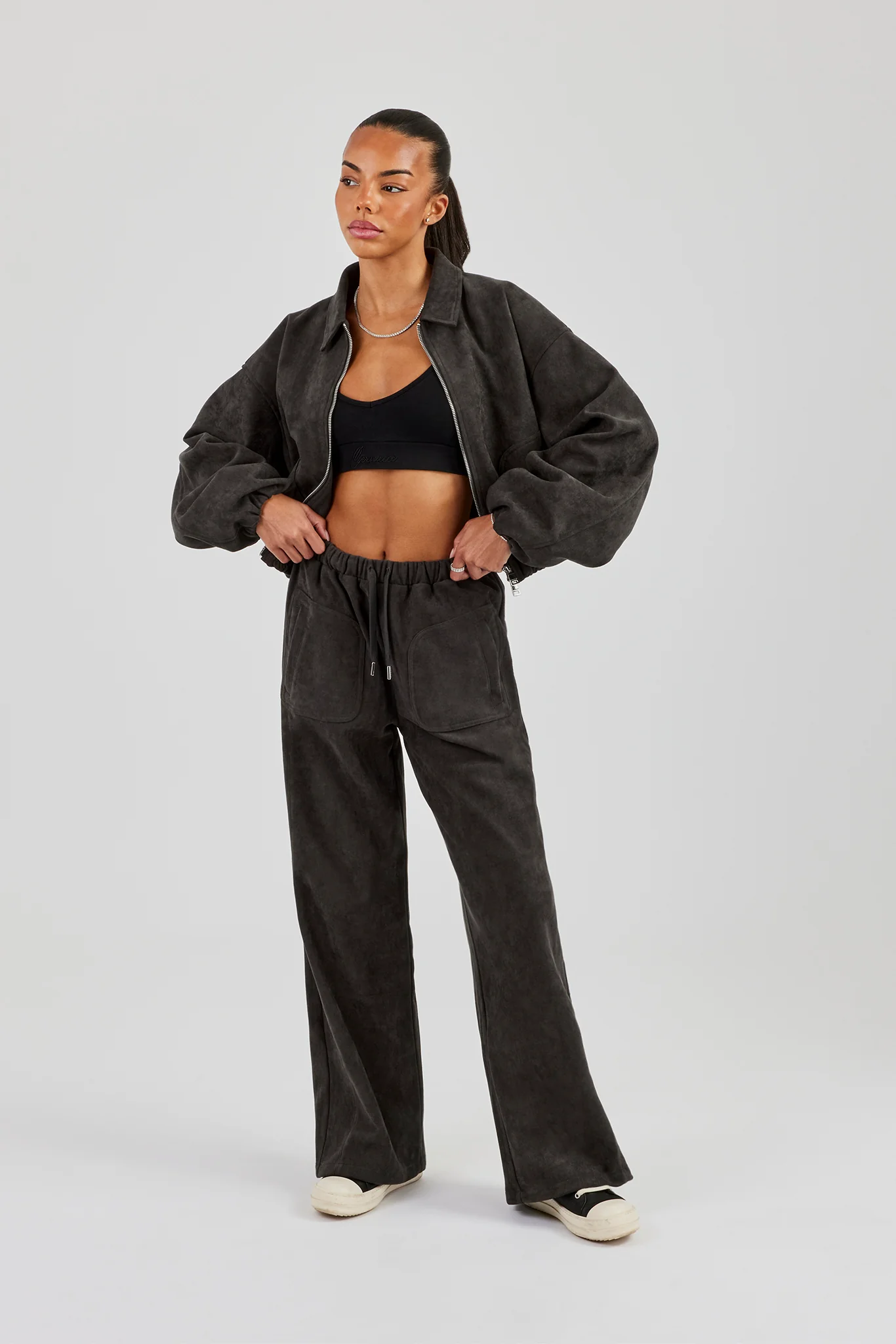 Suede Collared Bomber Jacket & Wide Leg Trouser - Charcoal - Image 3