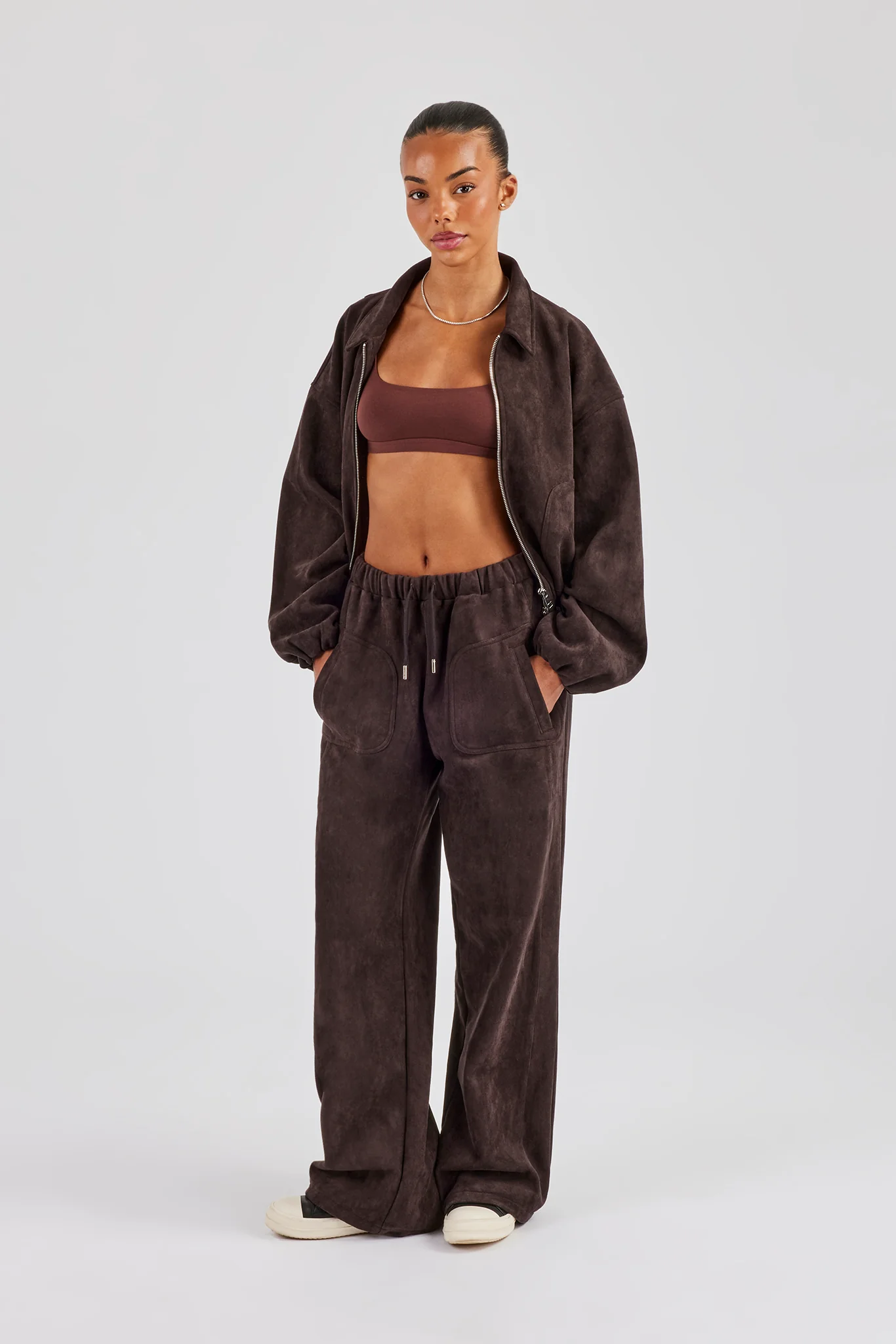 Suede Collared Bomber Jacket & Wide Leg Trouser - Chocolate - Image 3