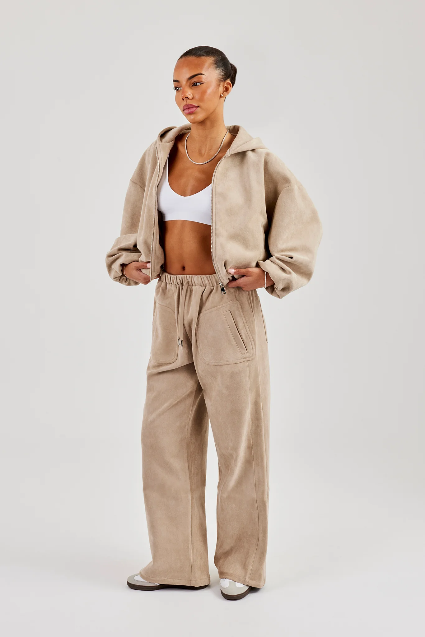 Suede Hooded Jacket and Trouser - Beige