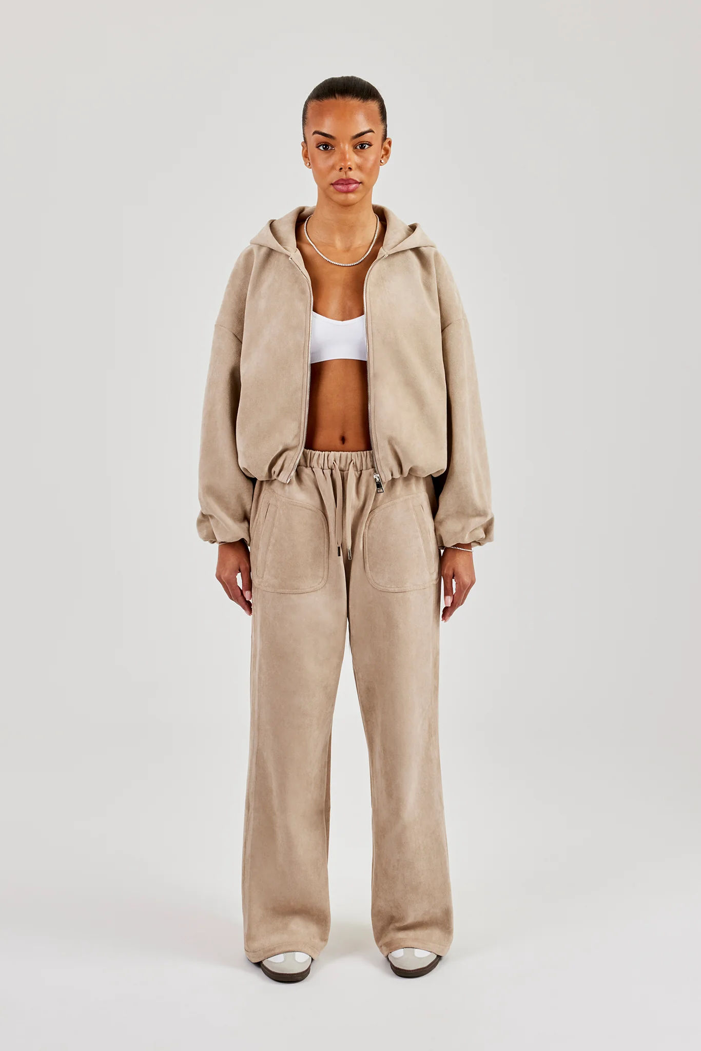 Suede Hooded Jacket and Trouser - Beige - Image 2