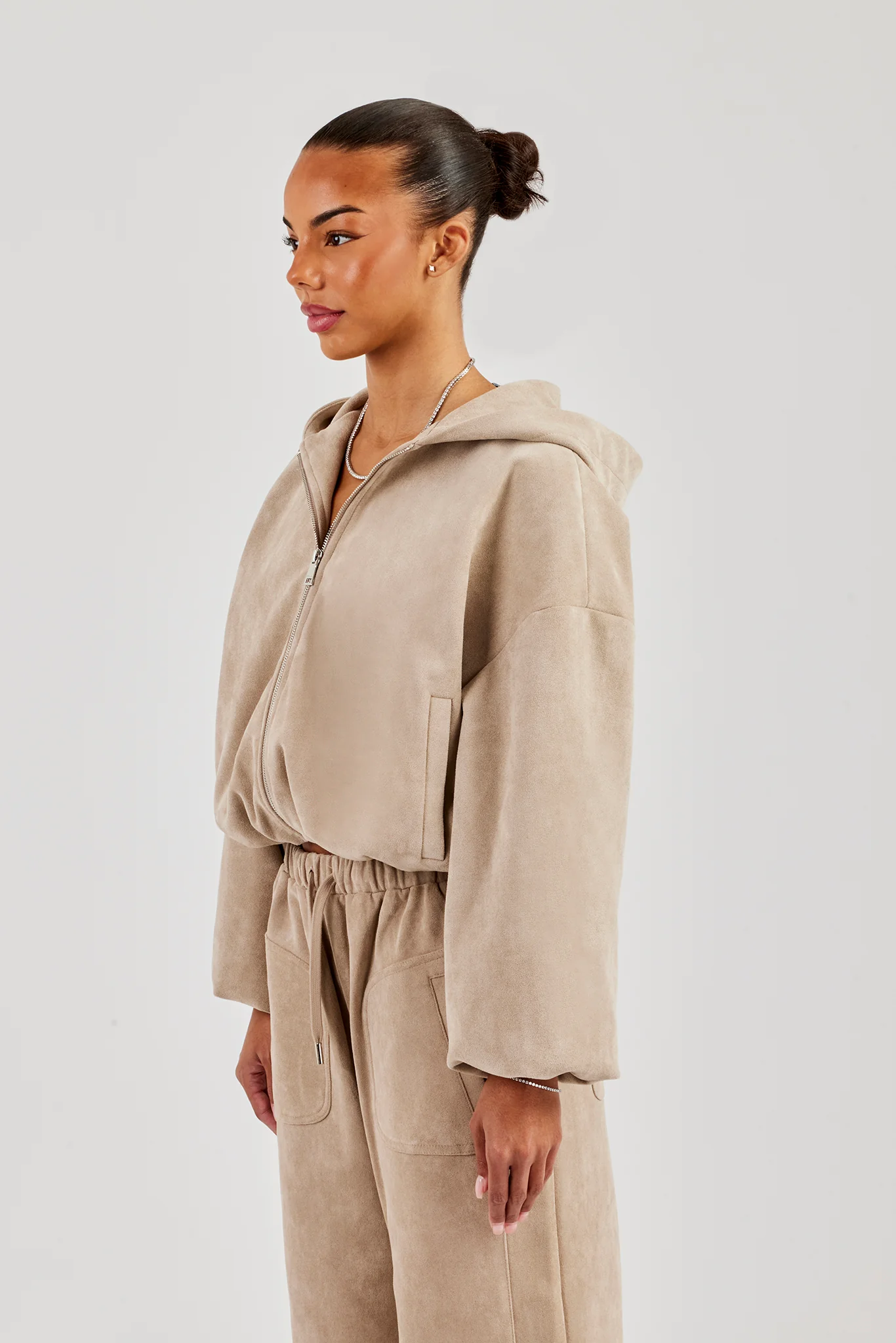 Suede Hooded Jacket - Beige - Image 3