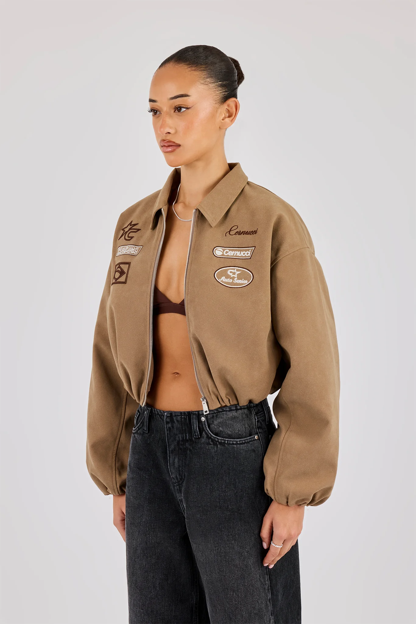 Suede Moto Badge Collared Bomber - Taupe - Image 2