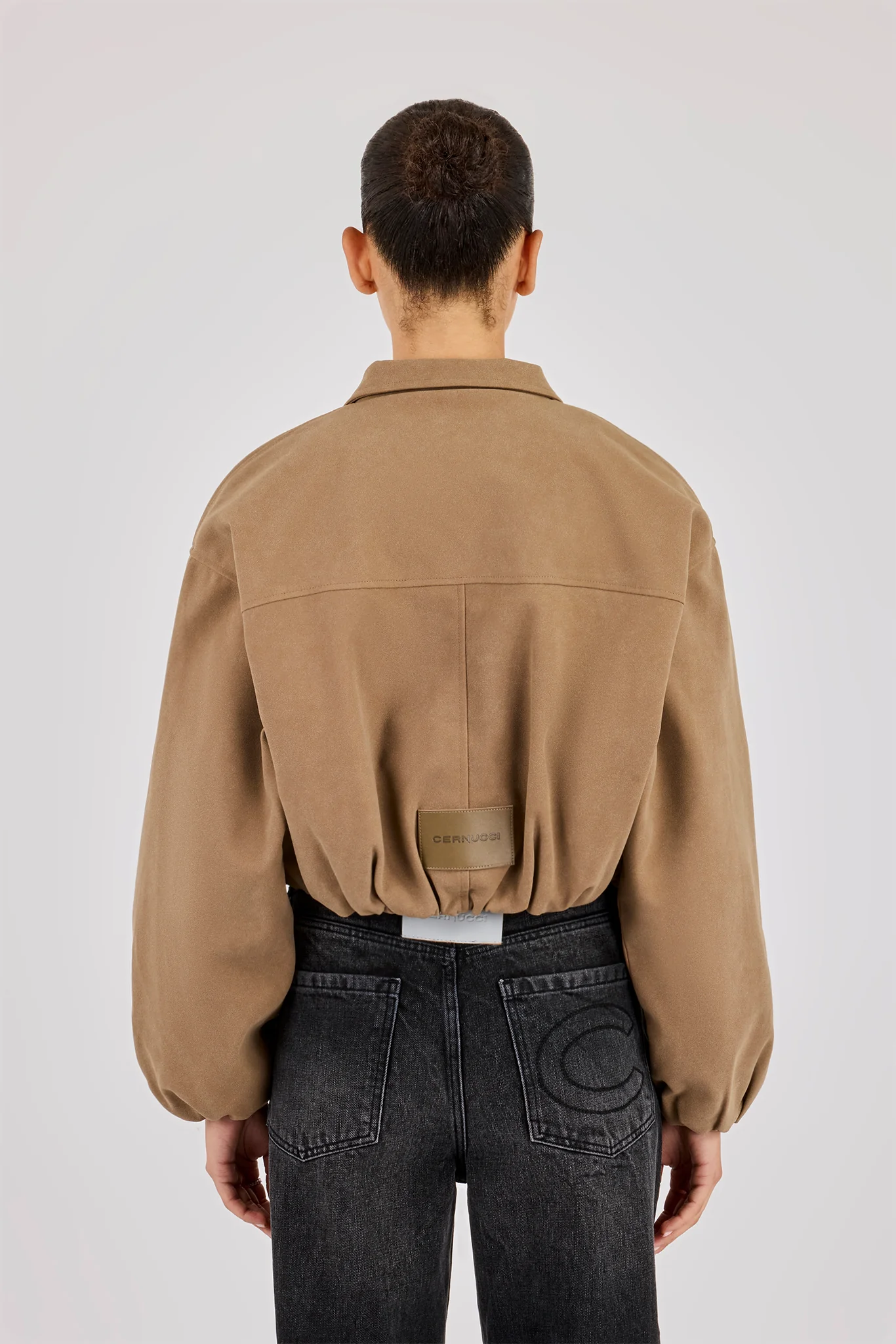 Suede Moto Badge Collared Bomber - Taupe - Image 3
