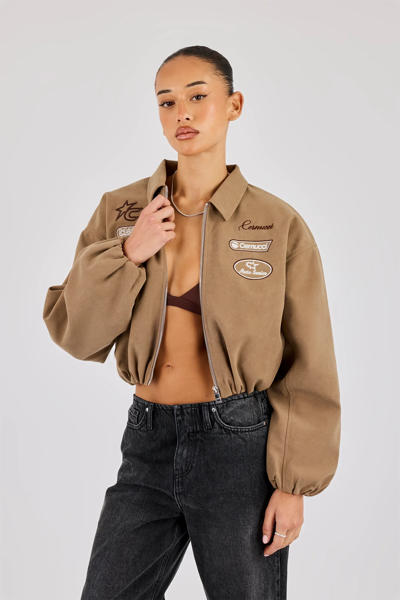 Suede Moto Badge Collared Bomber - Taupe - Image 4