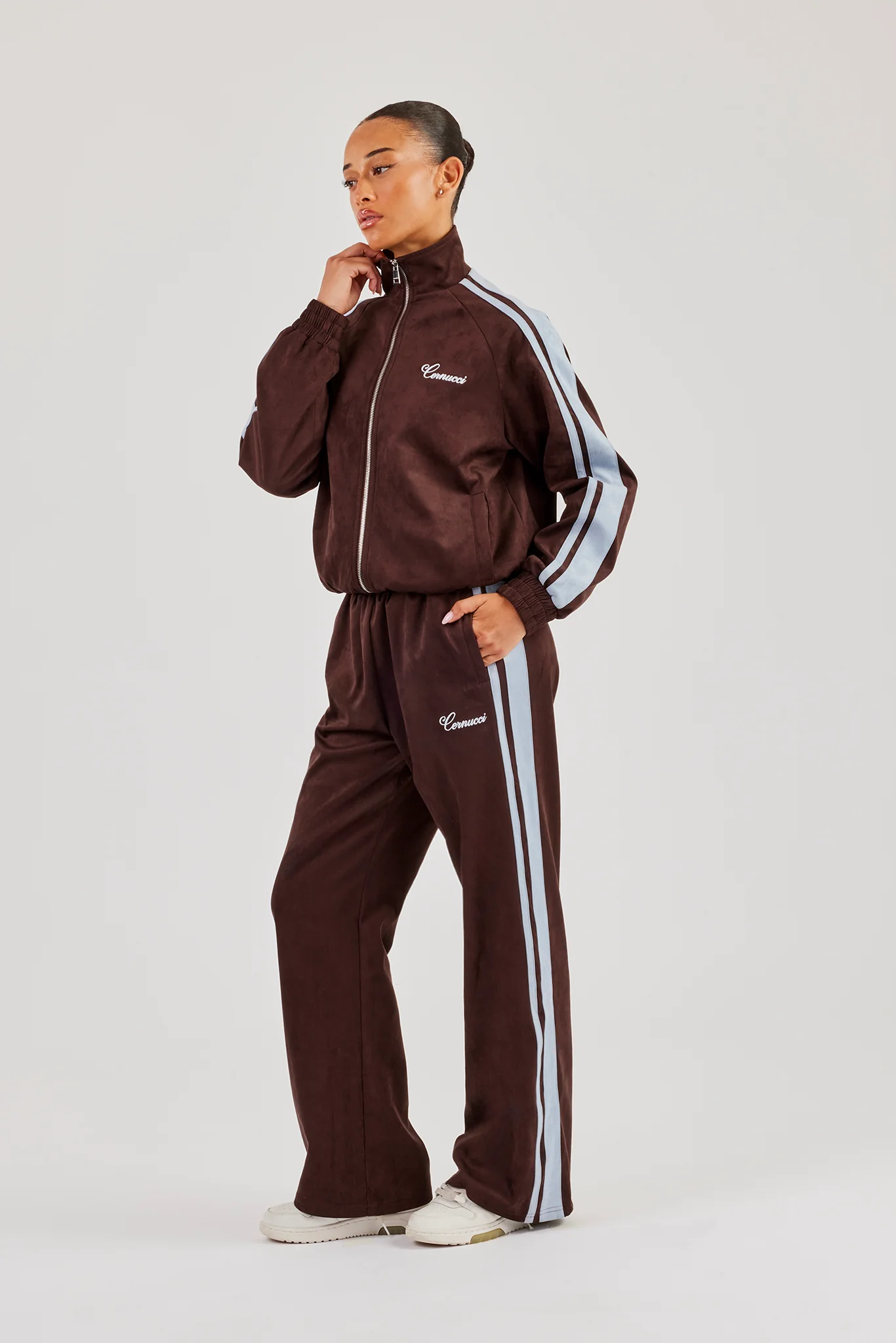 Suede Track Jacket & Jogger With Side Stripes - Coffee - Image 3