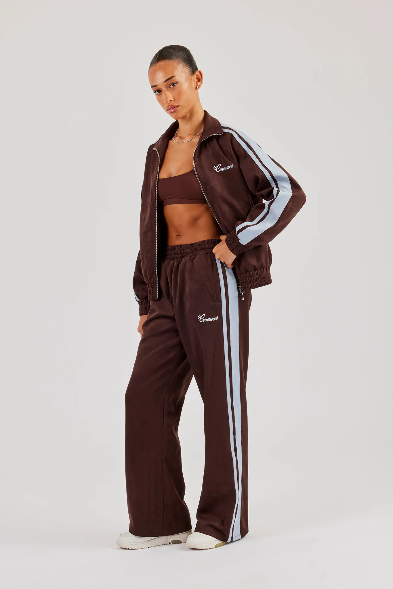 Suede Track Jacket With Side Stripes - Coffee - Image 4