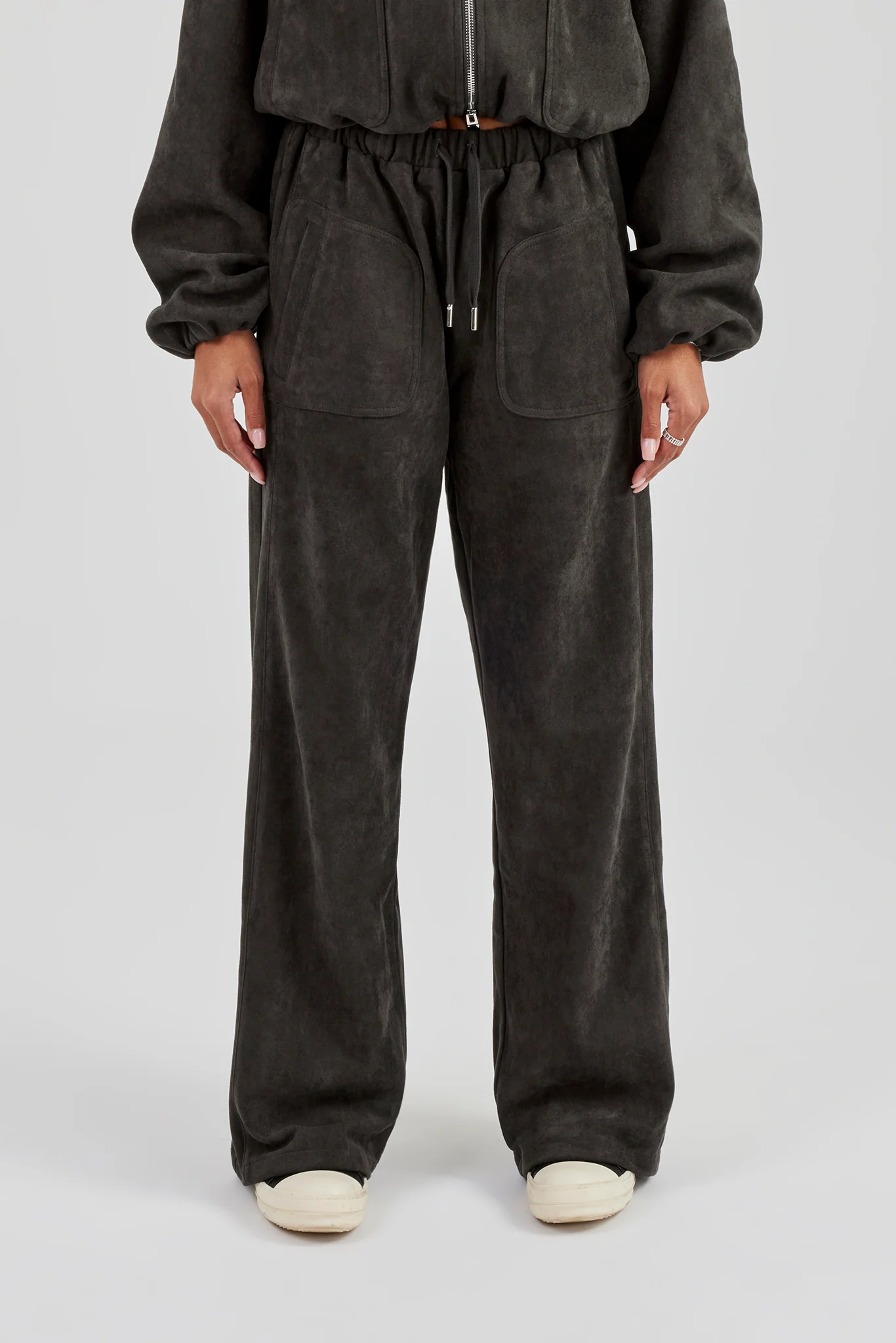 Suede Wide Leg Trouser - Charcoal - Image 2
