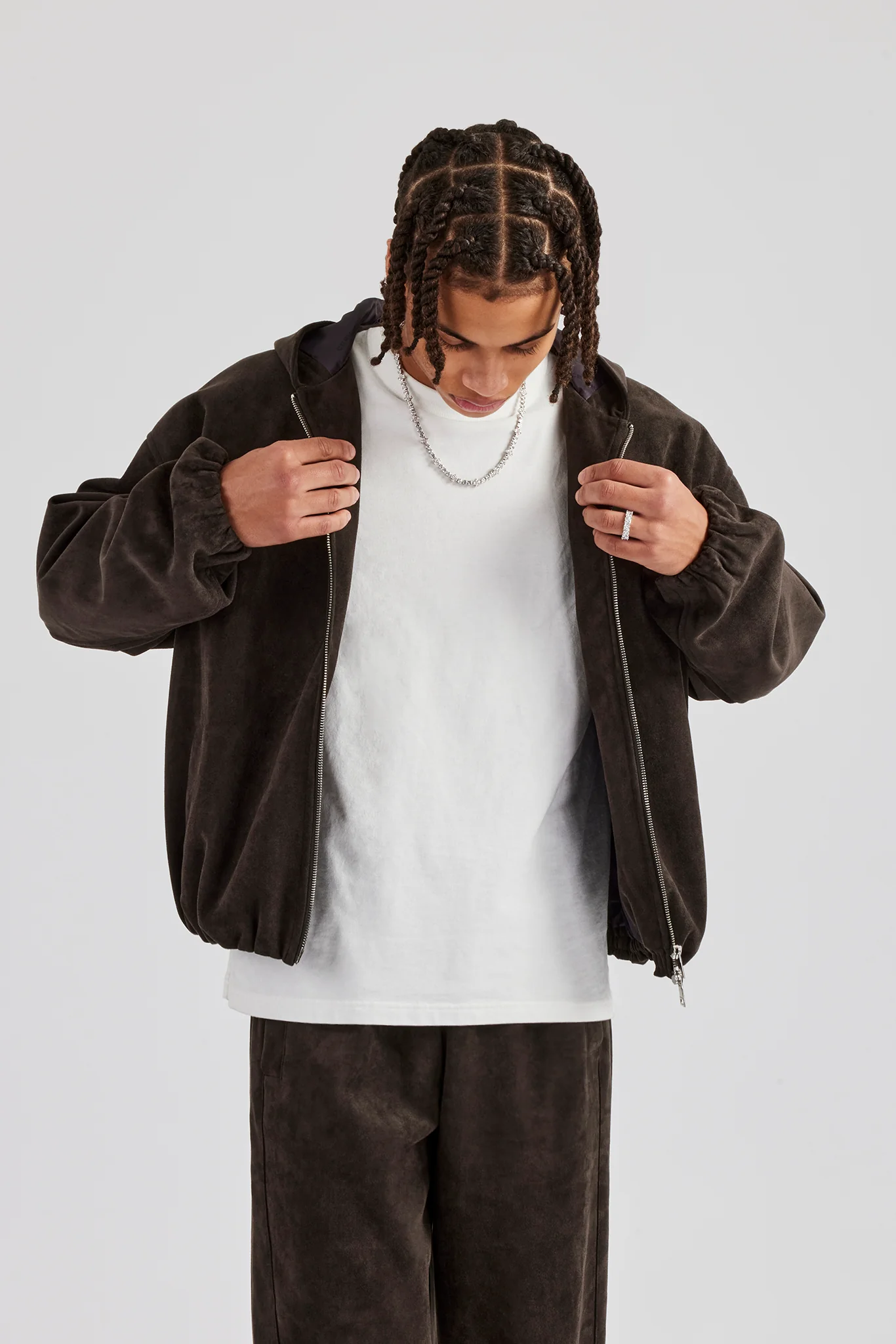 Suede Zip Through Hooded Jacket - Charcoal - Image 4