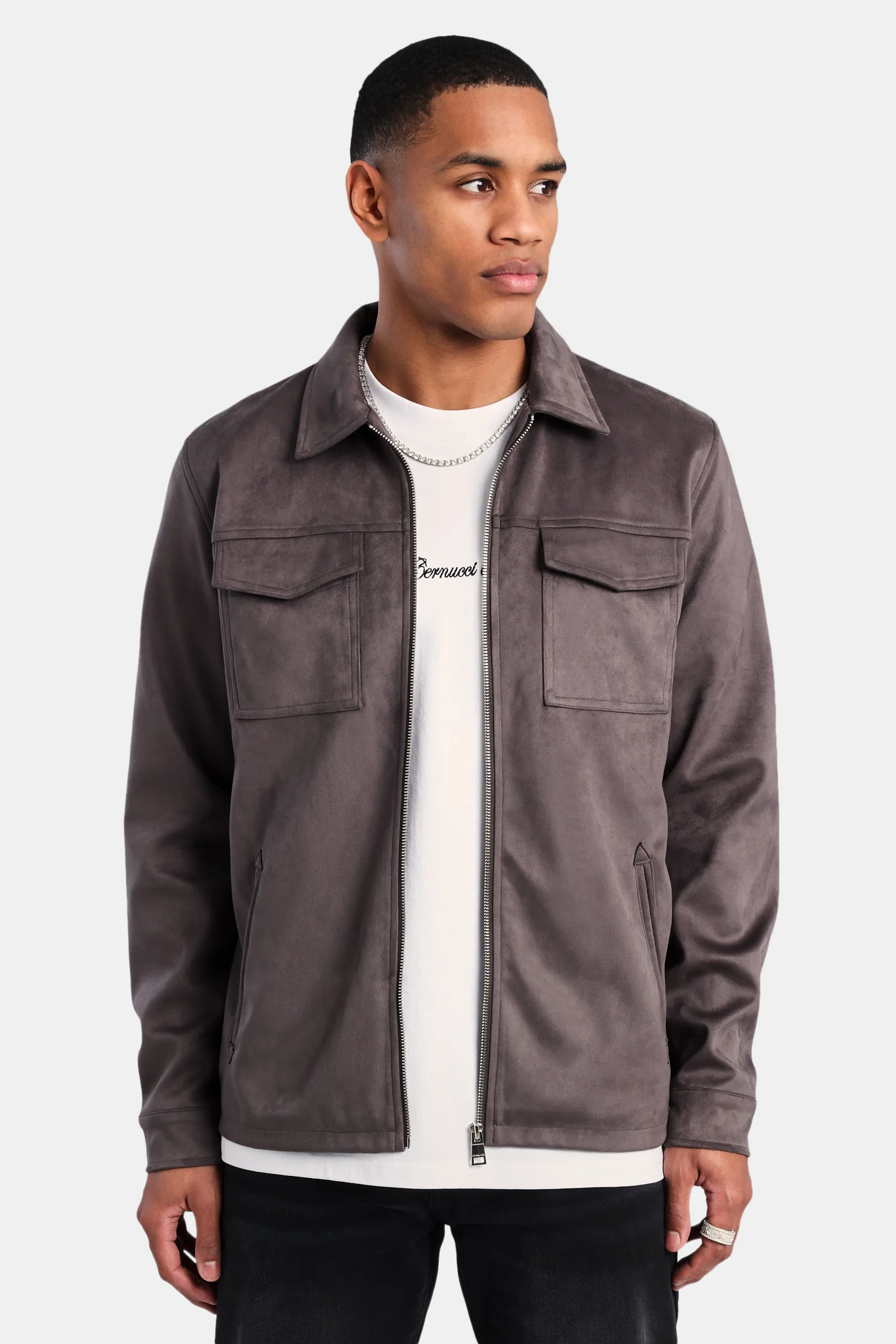 Suedette Zip Through Jacket - Brown - Image 3