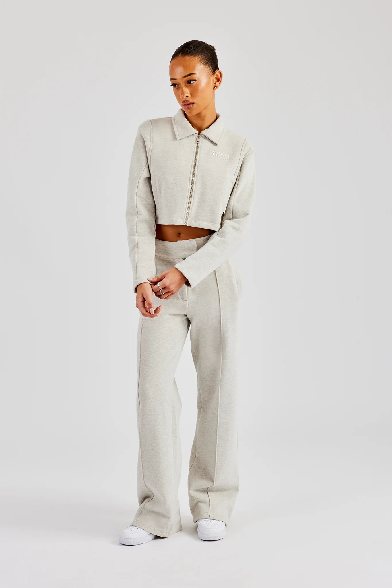 Tailored Jersey Cropped Harrington Jacket & Wide Leg Trouser - Ash Grey - Image 2