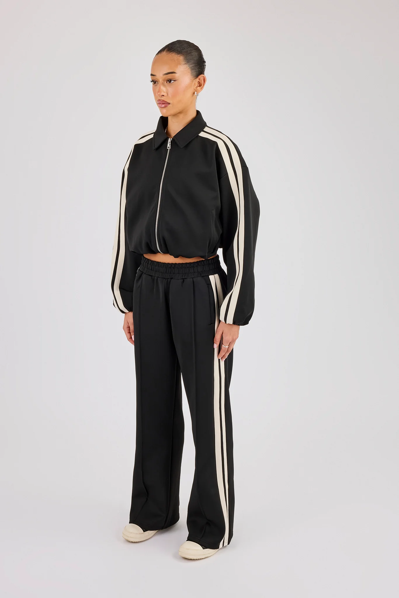 Taping Collared Bomber Jacket & Wide Leg Track Pant - Black - Image 2