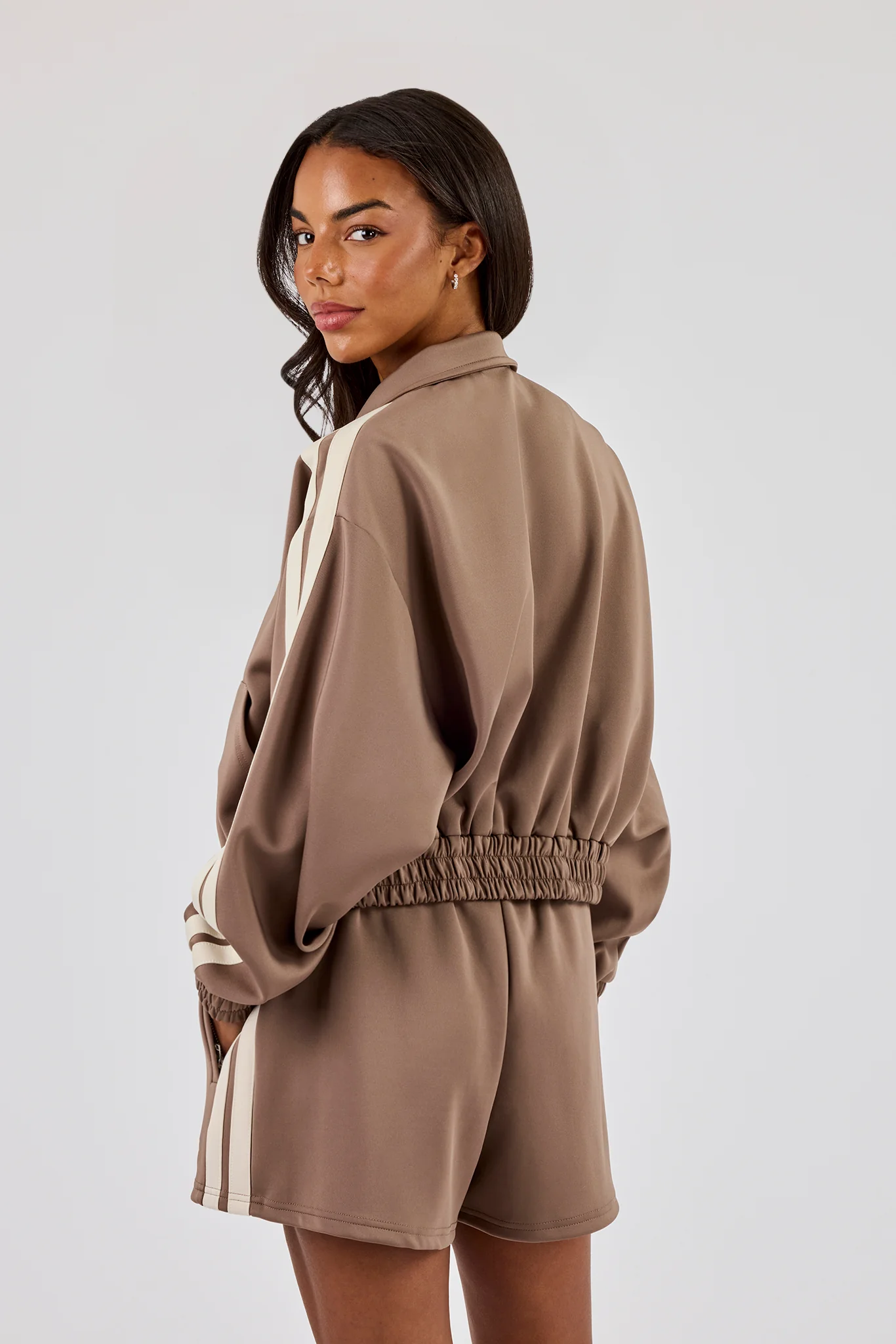 Taping Cropped Funnel Neck Jacket - Taupe - Image 3