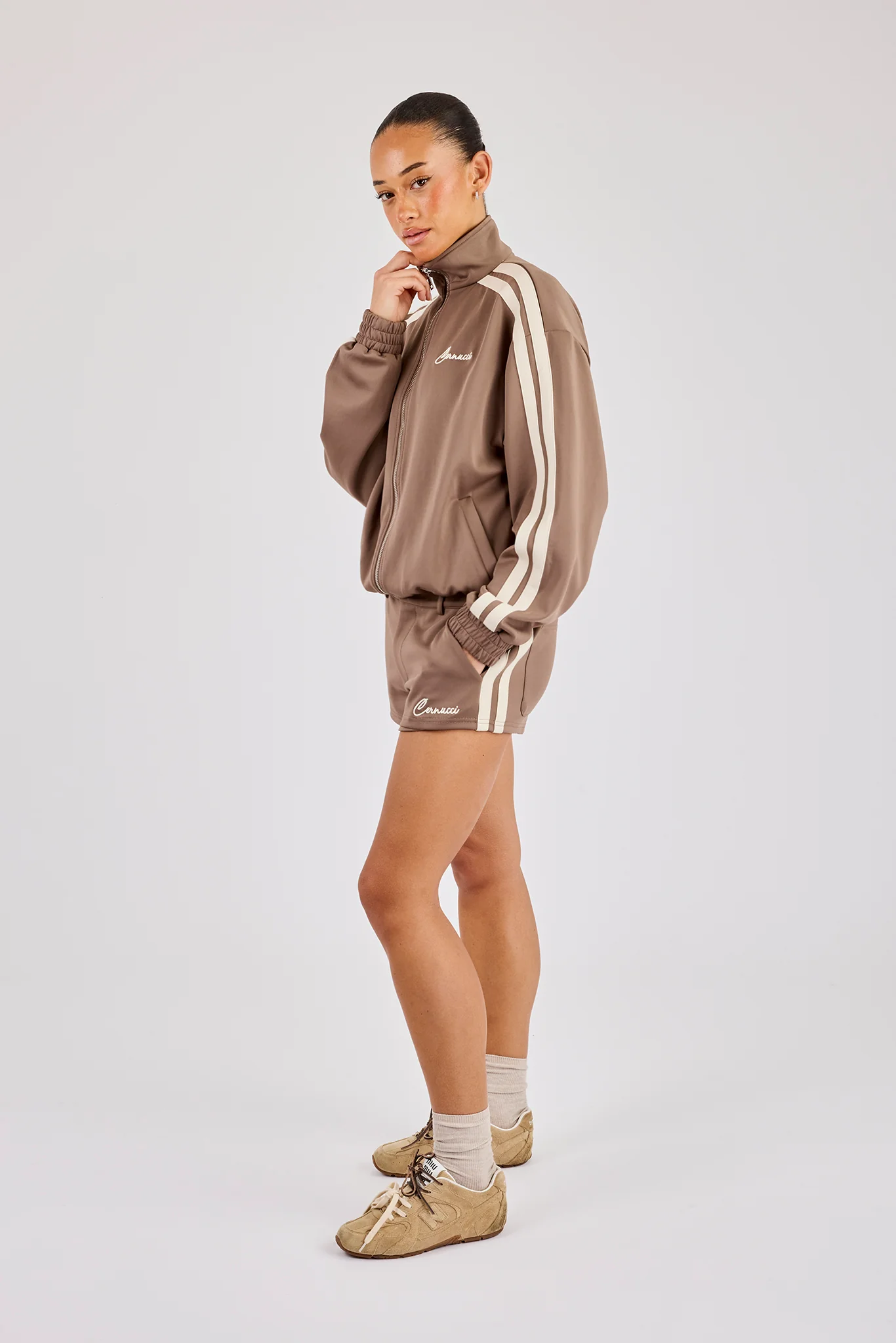 Taping Cropped Funnel Neck Track Jacket & Micro Short - Taupe - Image 2