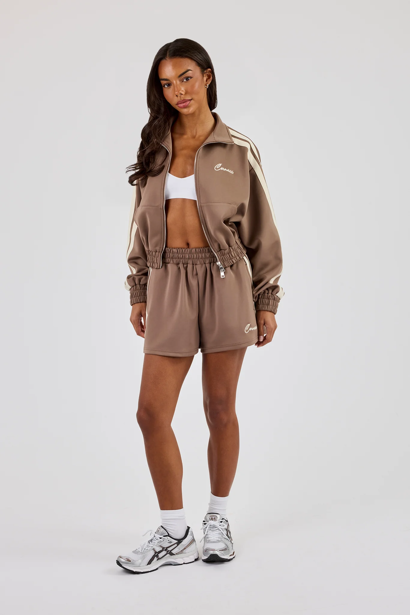 Taping Cropped Funnel Neck Track Jacket & Taping Short - Taupe - Image 4