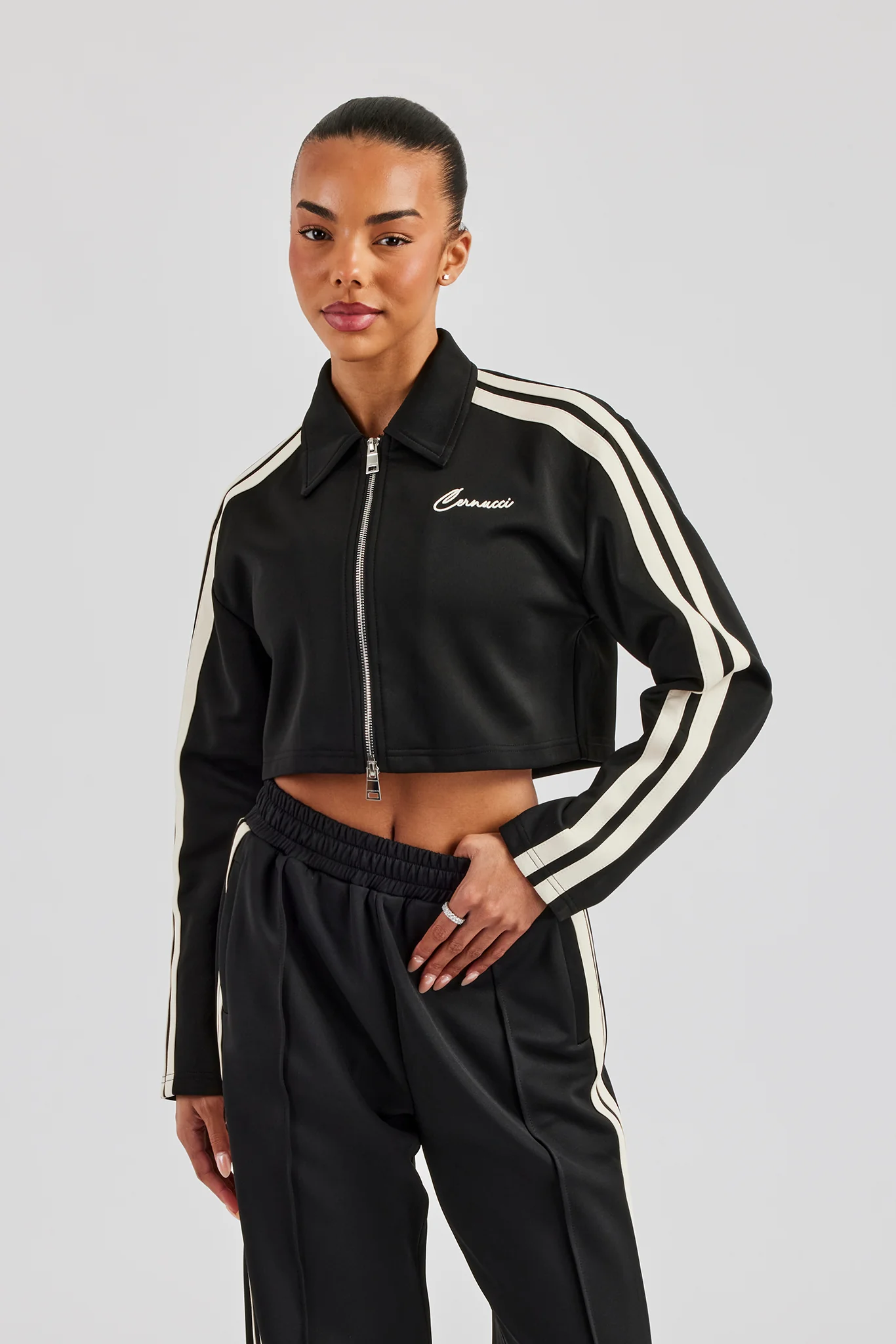 Taping Cropped Harrington Jacket - Black - Image 2