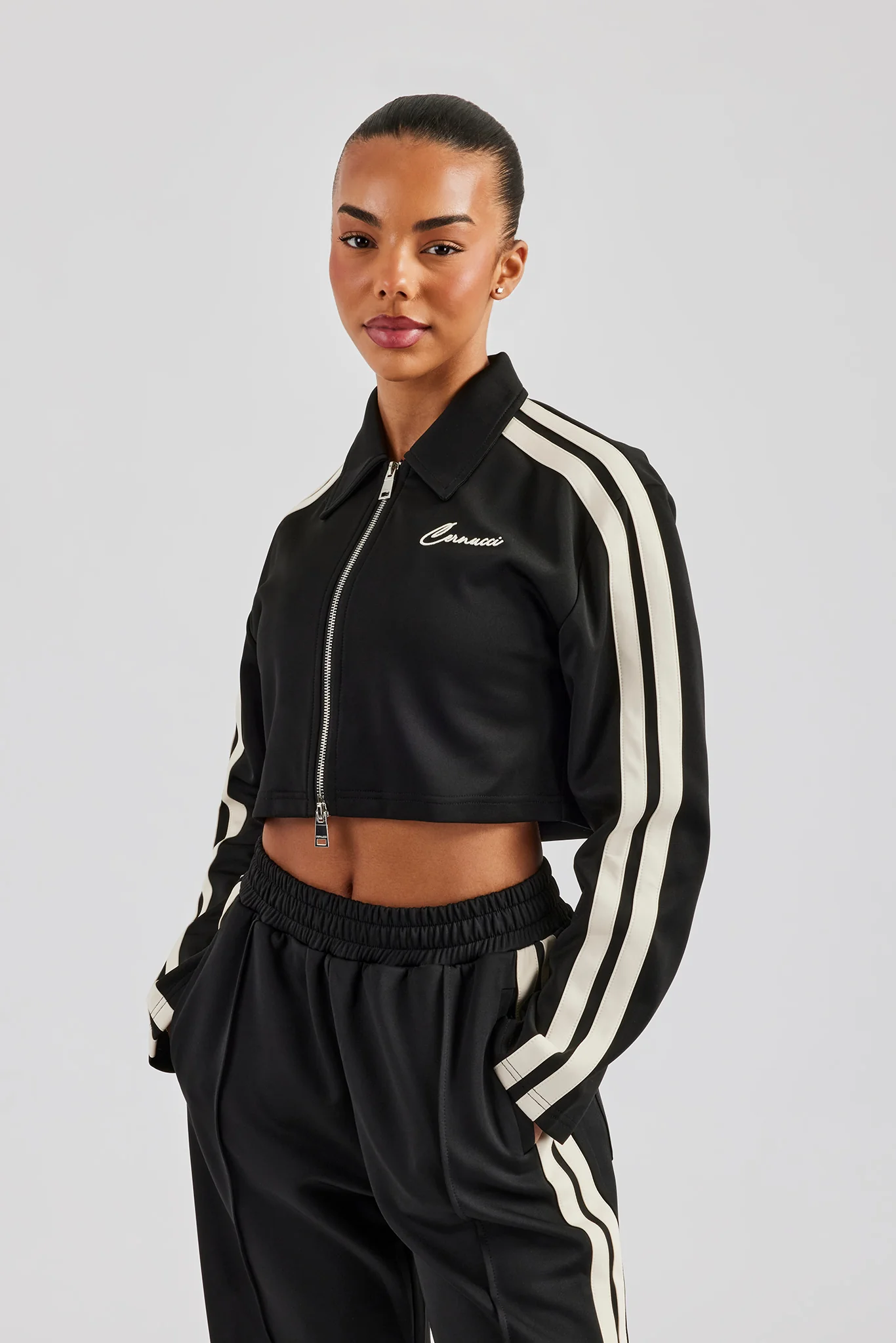 Taping Cropped Harrington Jacket - Black - Image 4