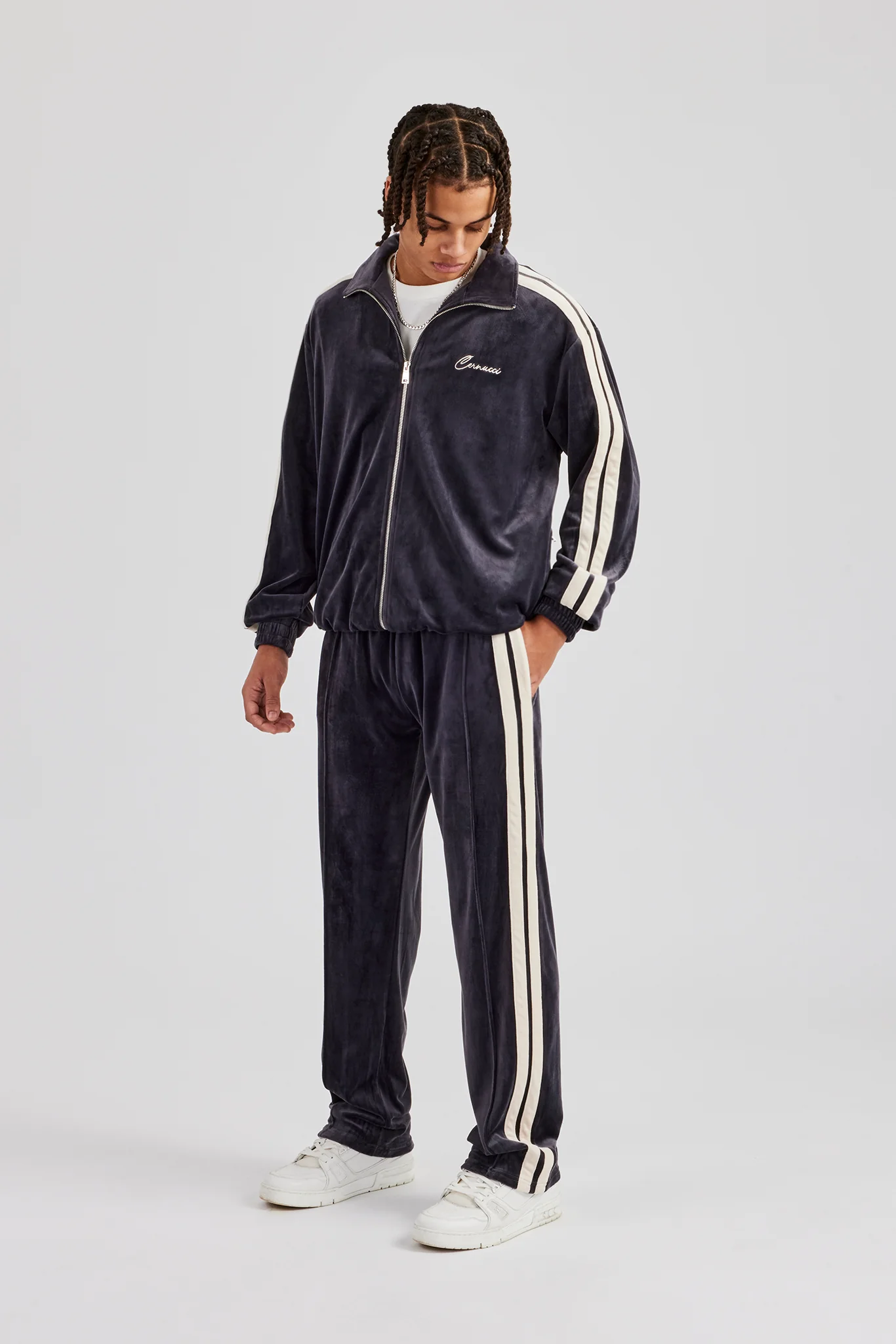Taping Straight Leg Velour Track Pant - Charcoal - Image 5