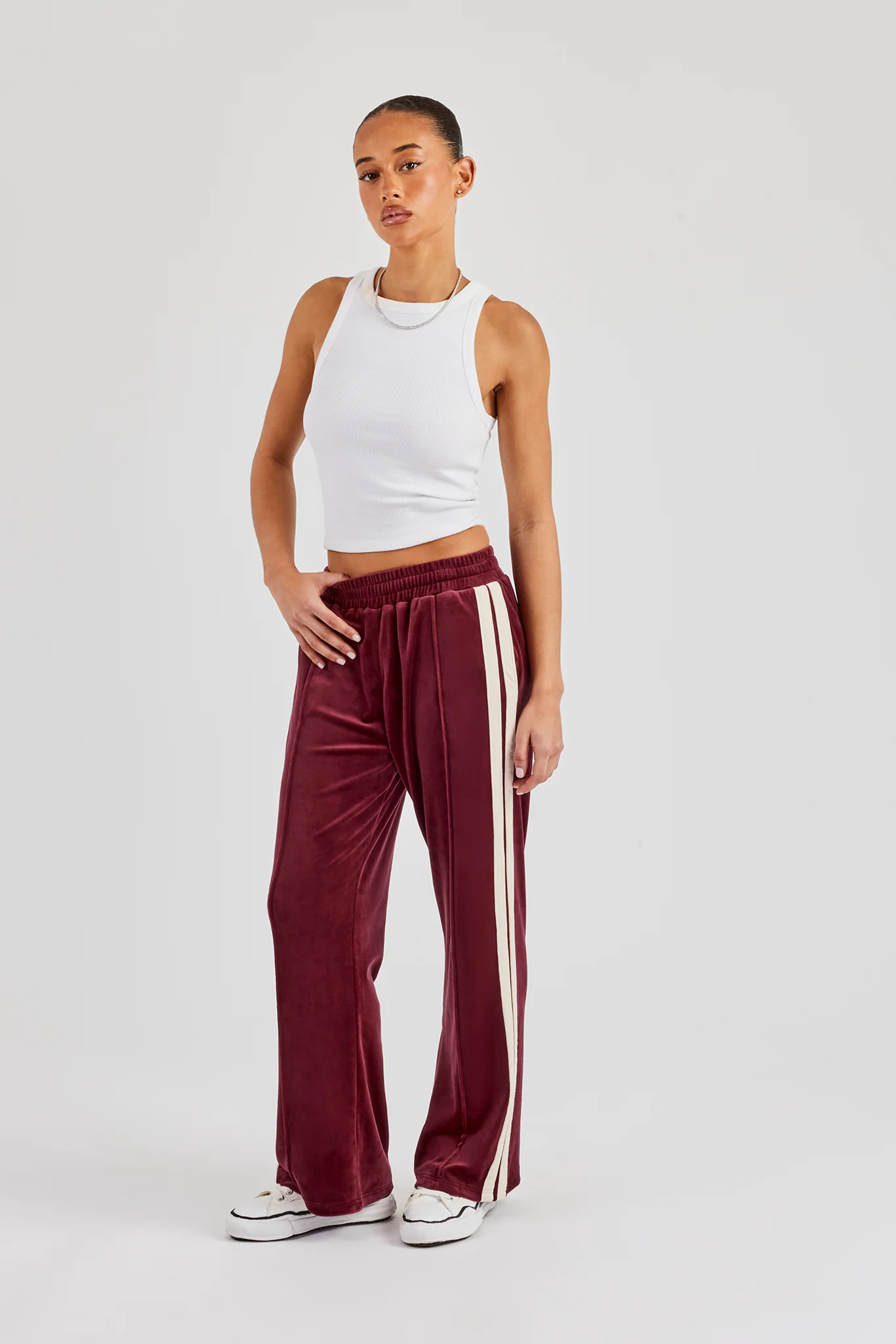 Taping Wide Leg Velour Track Pant - Burgundy - Image 7