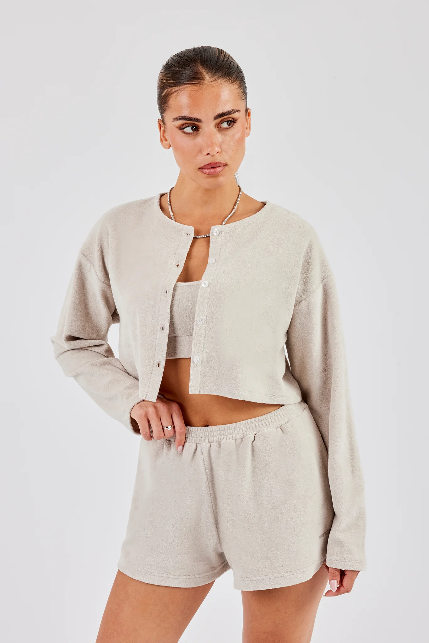 Terry Towelling Button Up Top - Beige