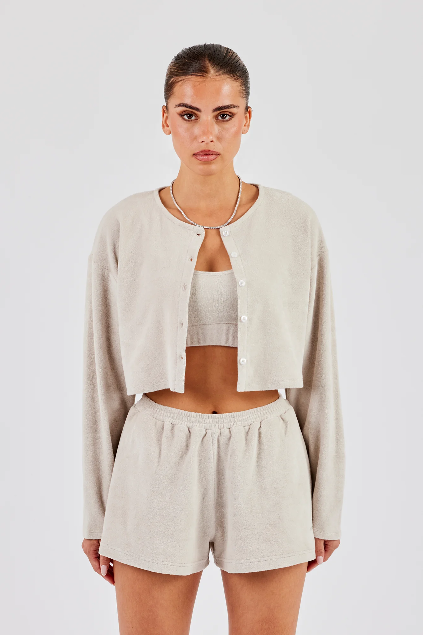 Terry Towelling Cardigan, Bralette & Short - Beige - Image 3