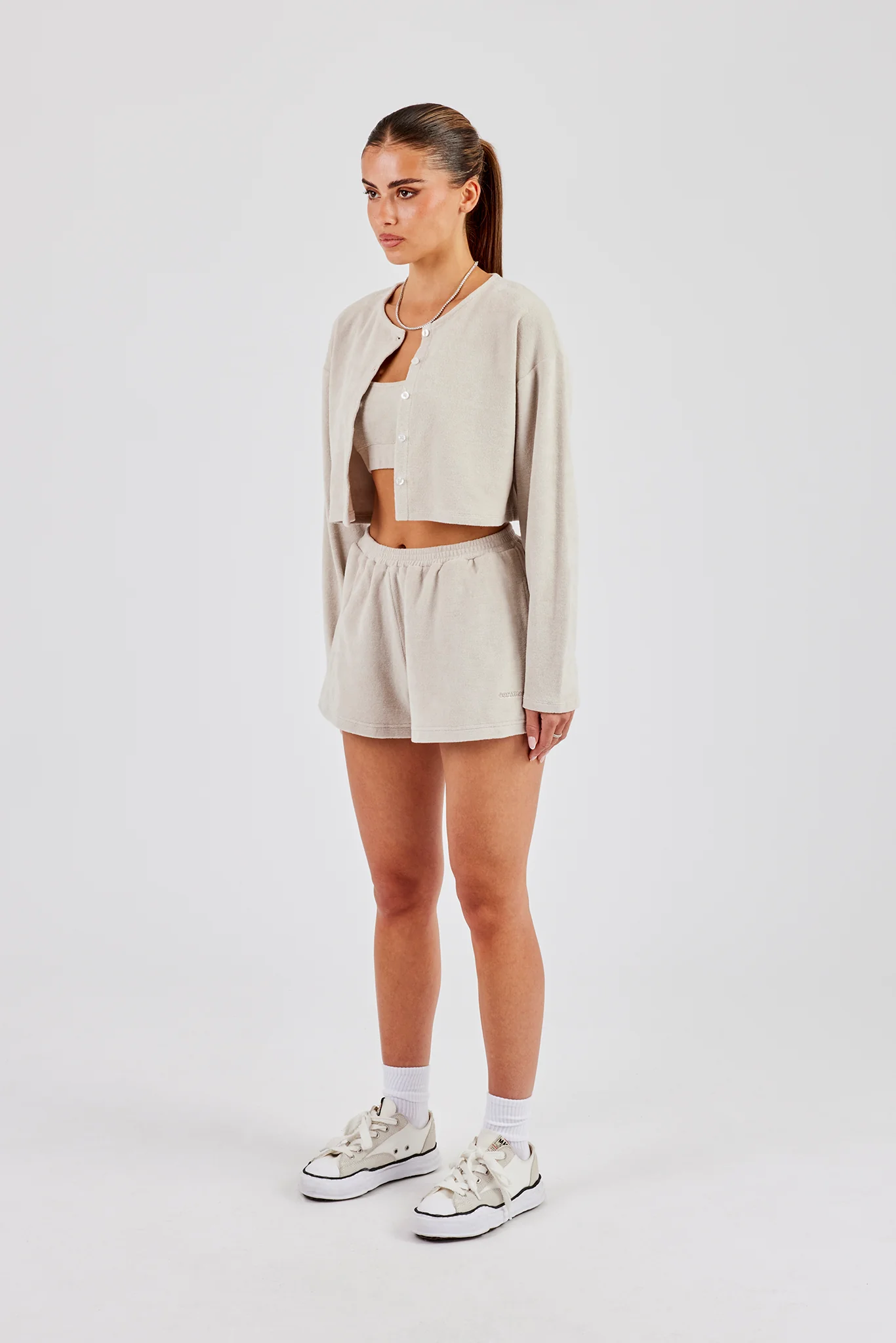 Terry Towelling Cardigan, Bralette & Short - Beige - Image 5
