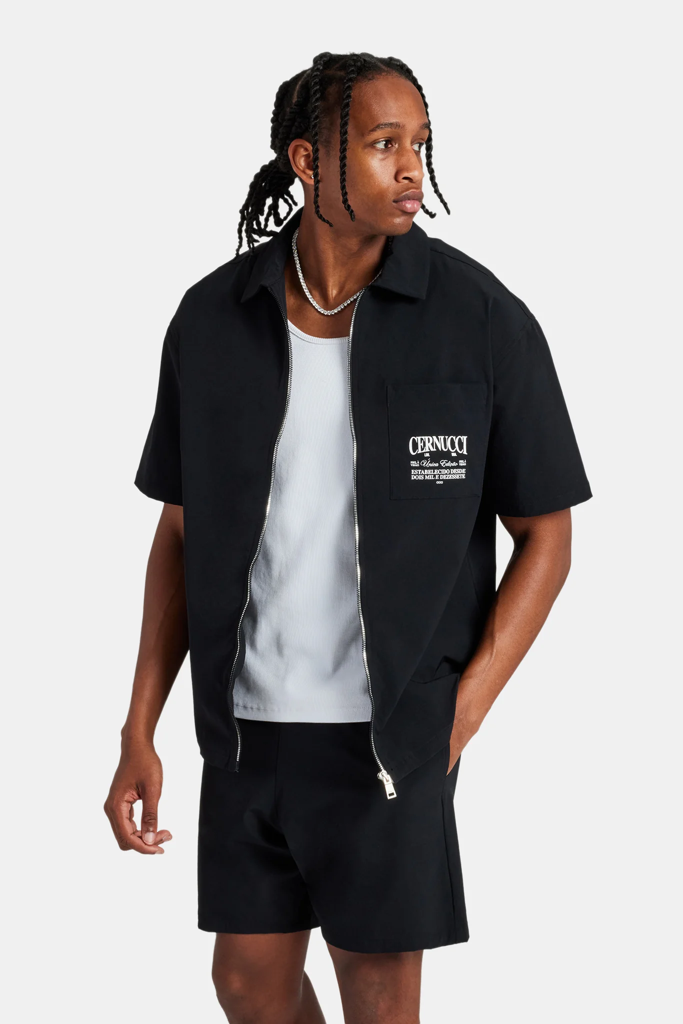 Text Pocket Zip Front Shirt - Black - Image 3