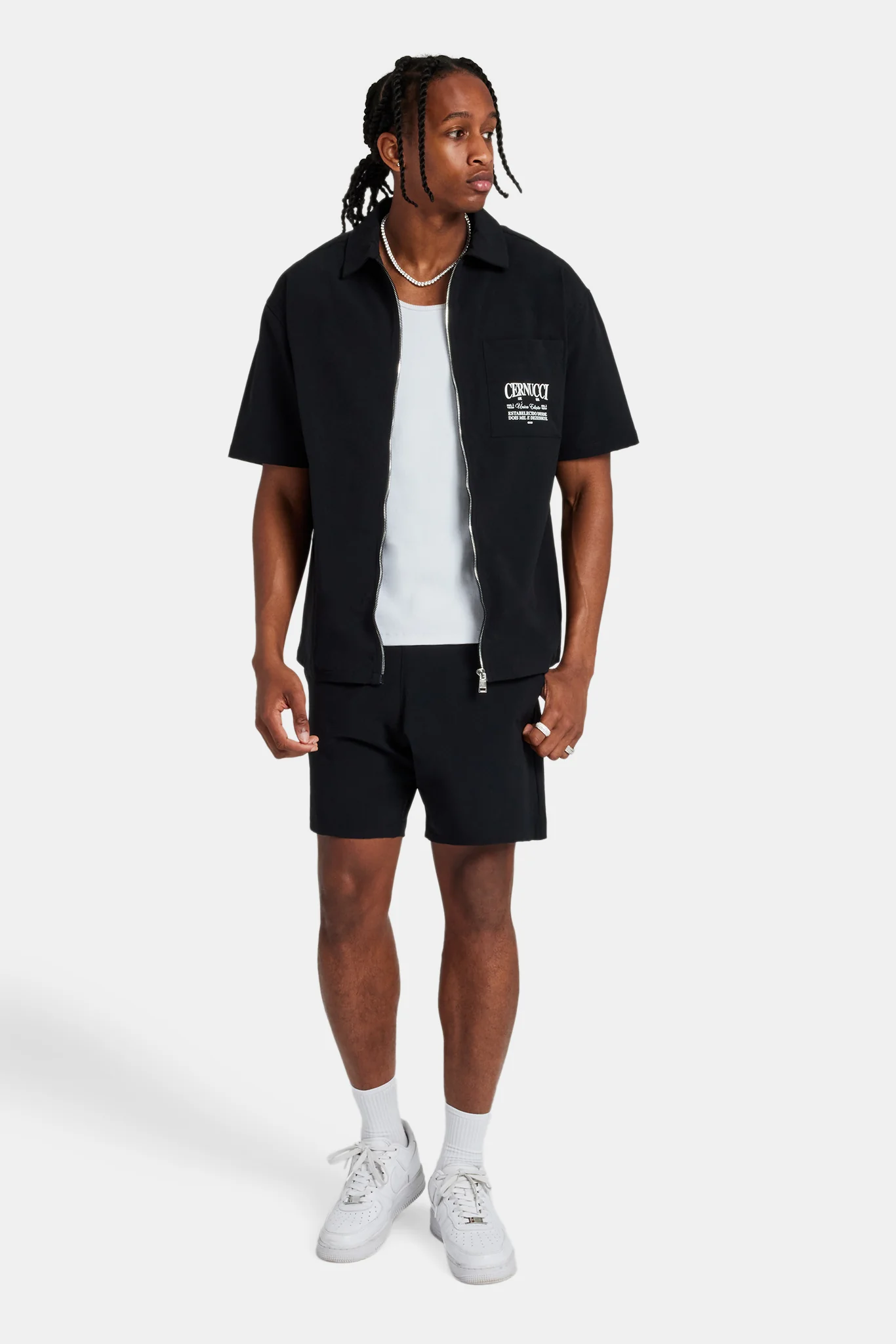 Text Pocket Zip Front Shirt & Short - Black - Image 5