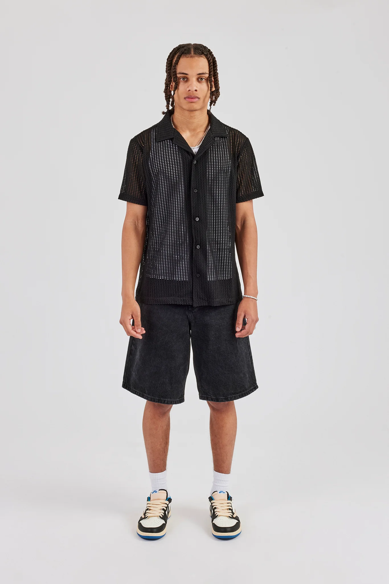 Textured Button Front Revere Shirt - Black - Image 6
