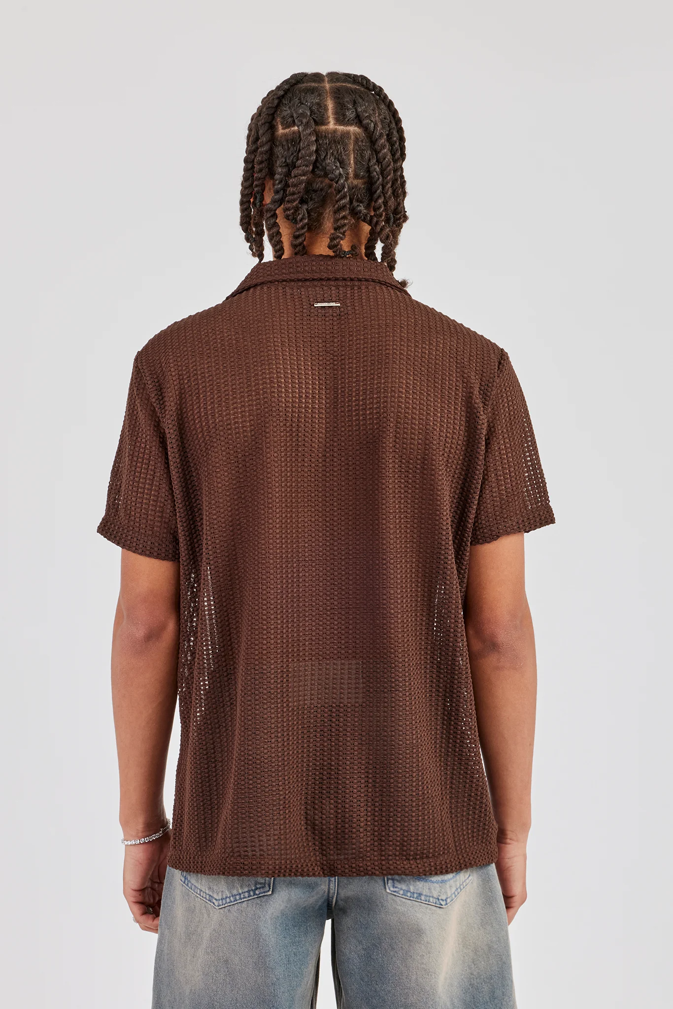 Textured Button Front Revere Shirt - Chocolate - Image 2