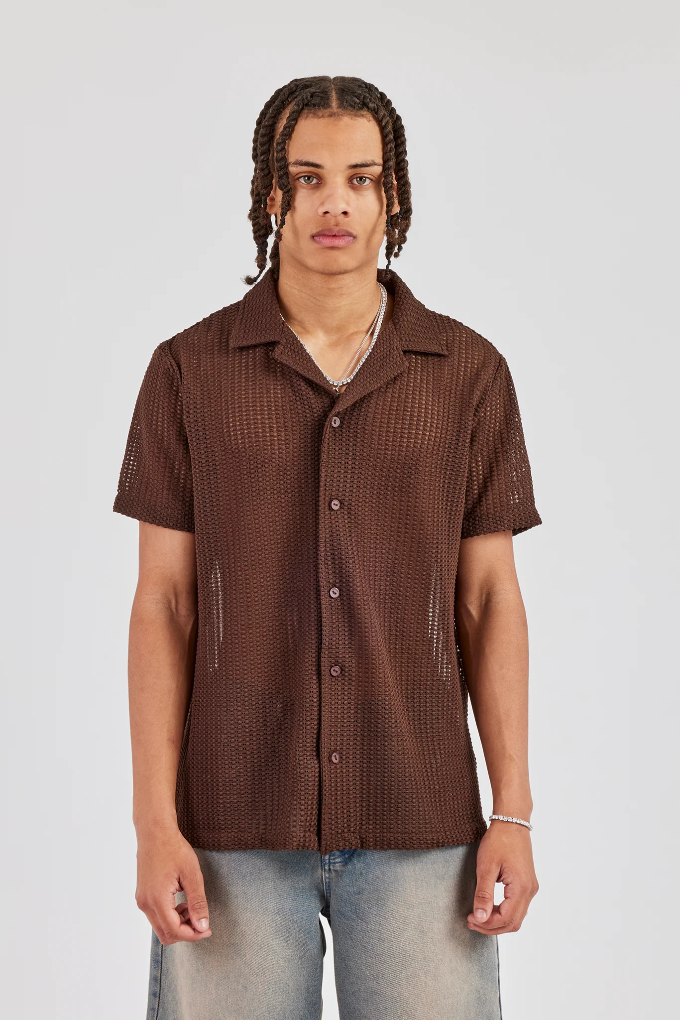 Textured Button Front Revere Shirt - Chocolate - Image 5