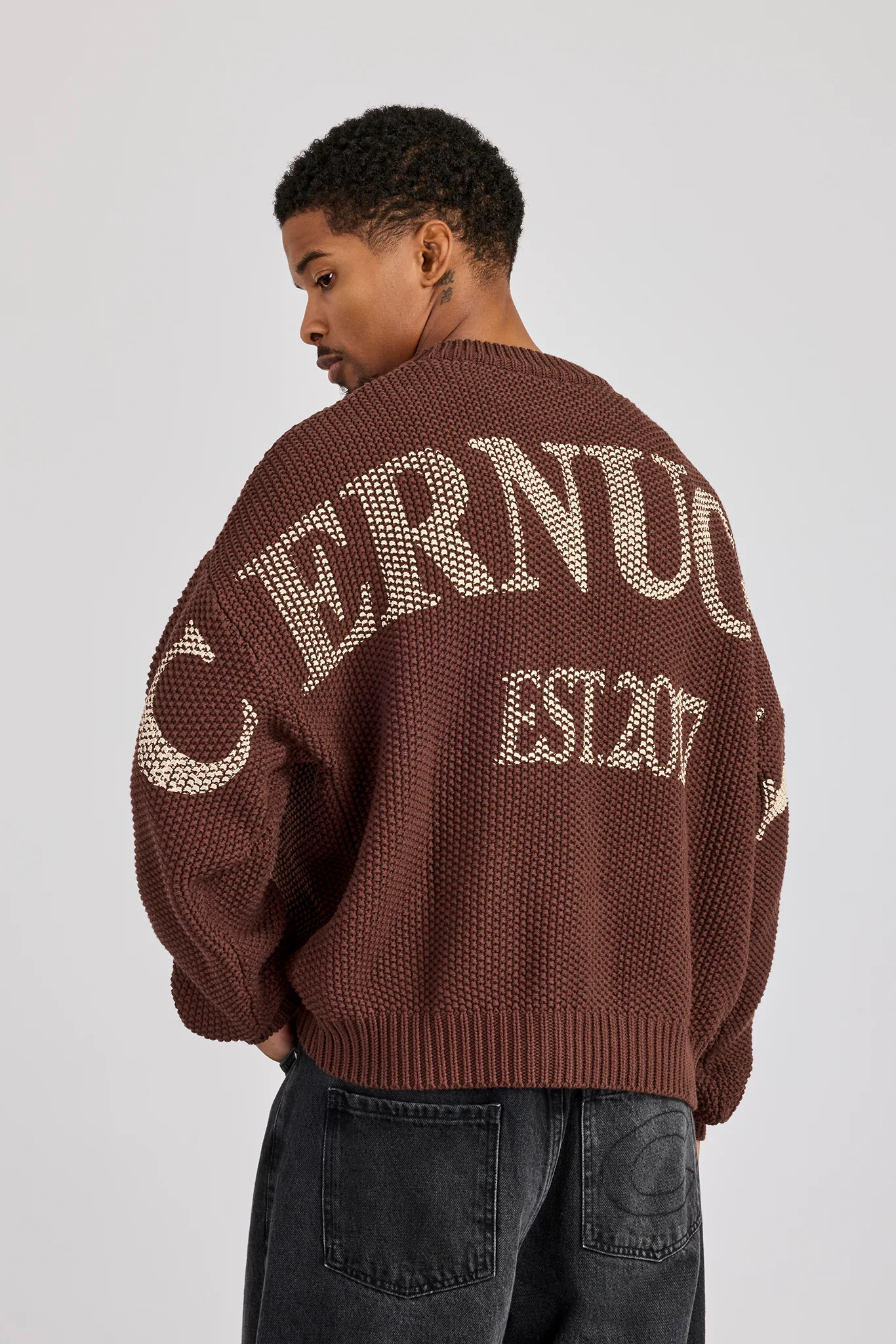 Textured Knit Printed Sweatshirt - Chocolate