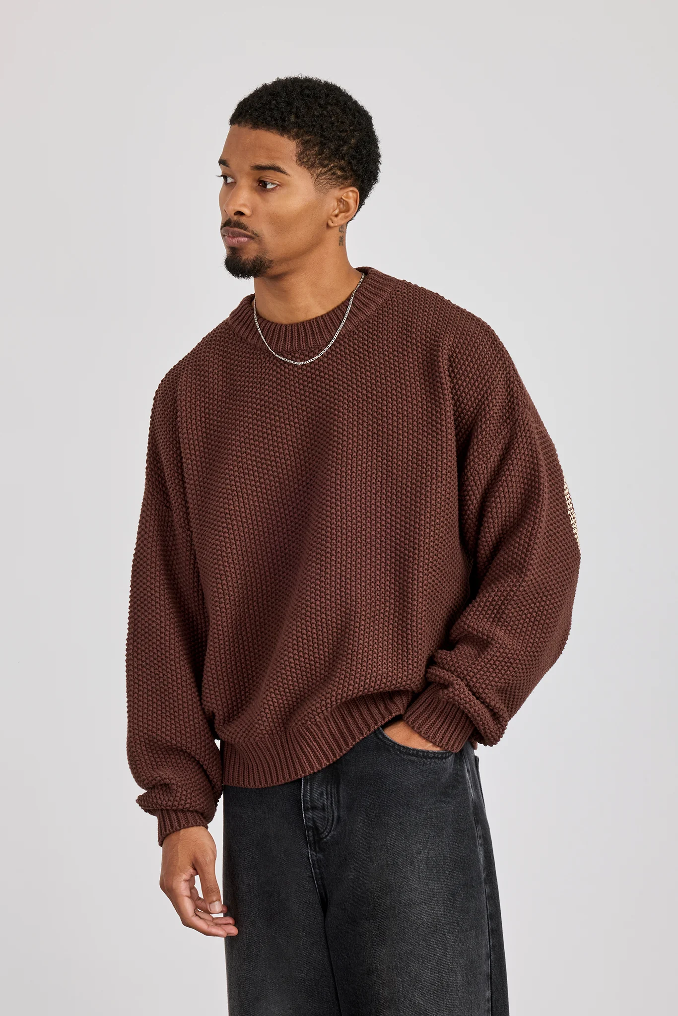 Textured Knit Printed Sweatshirt - Chocolate - Image 3