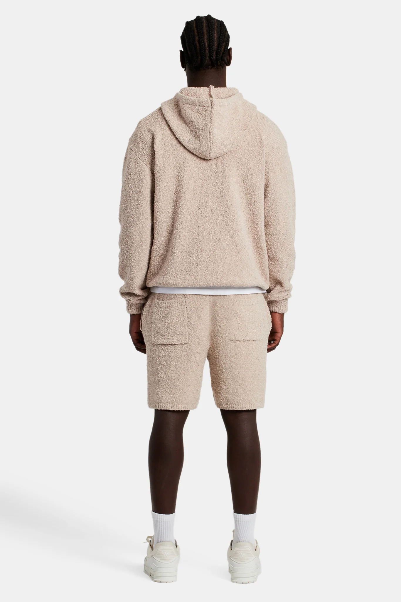 Textured Knitted Hooded Short Tracksuit - Beige - Image 3