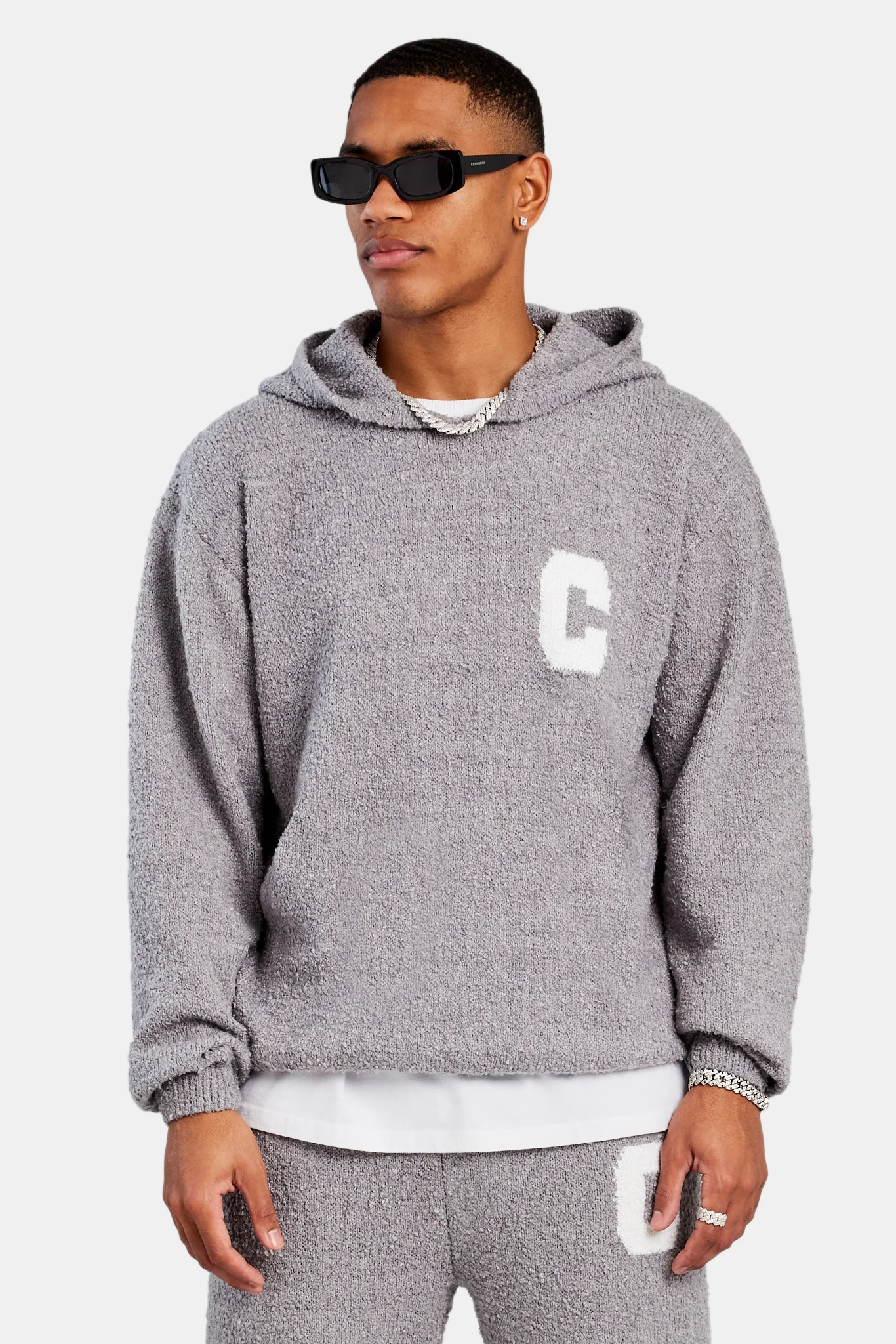 Textured Knitted Hooded Tracksuit - Grey - Image 3
