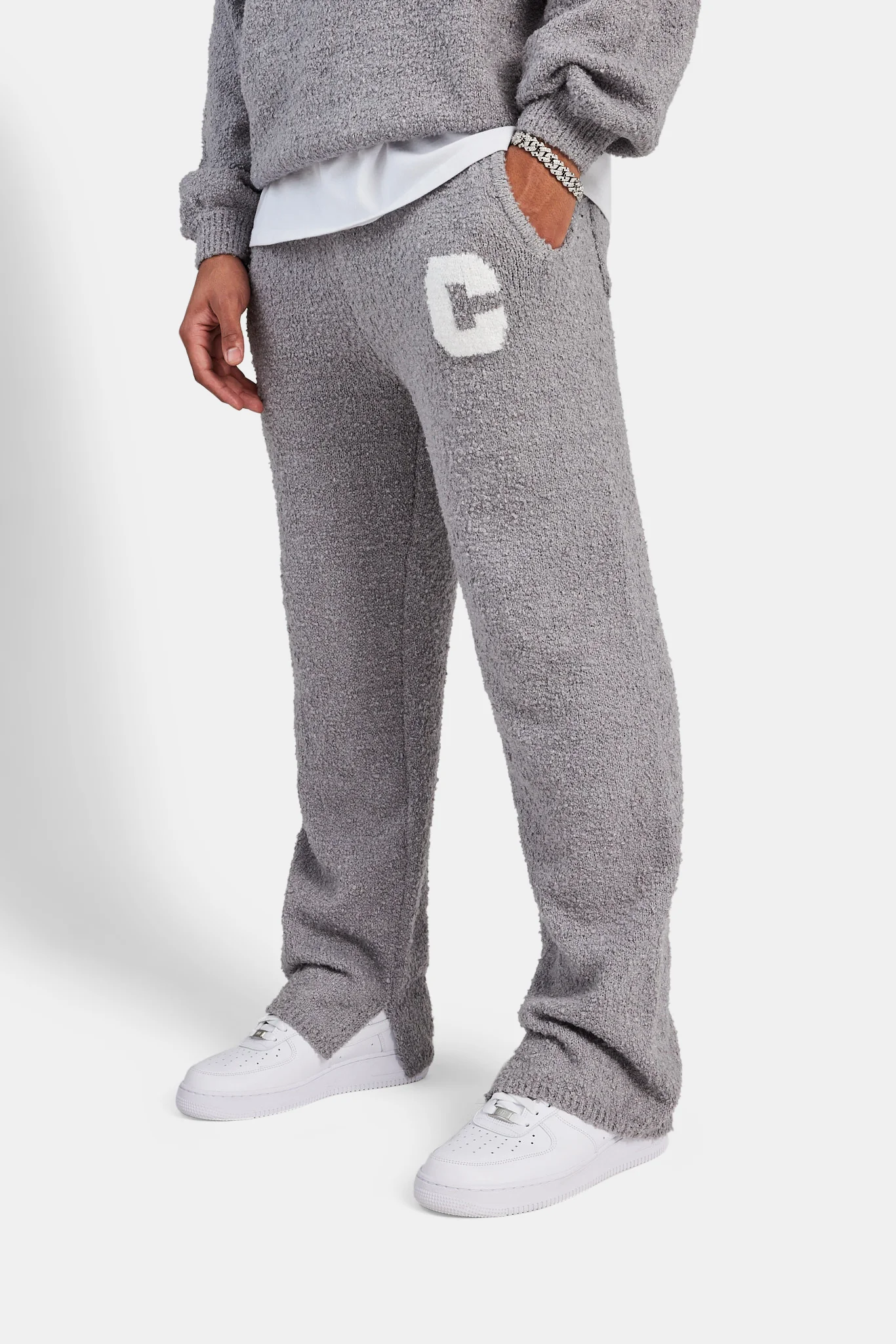 Textured Knitted Sweat Tracksuit- Grey - Image 3