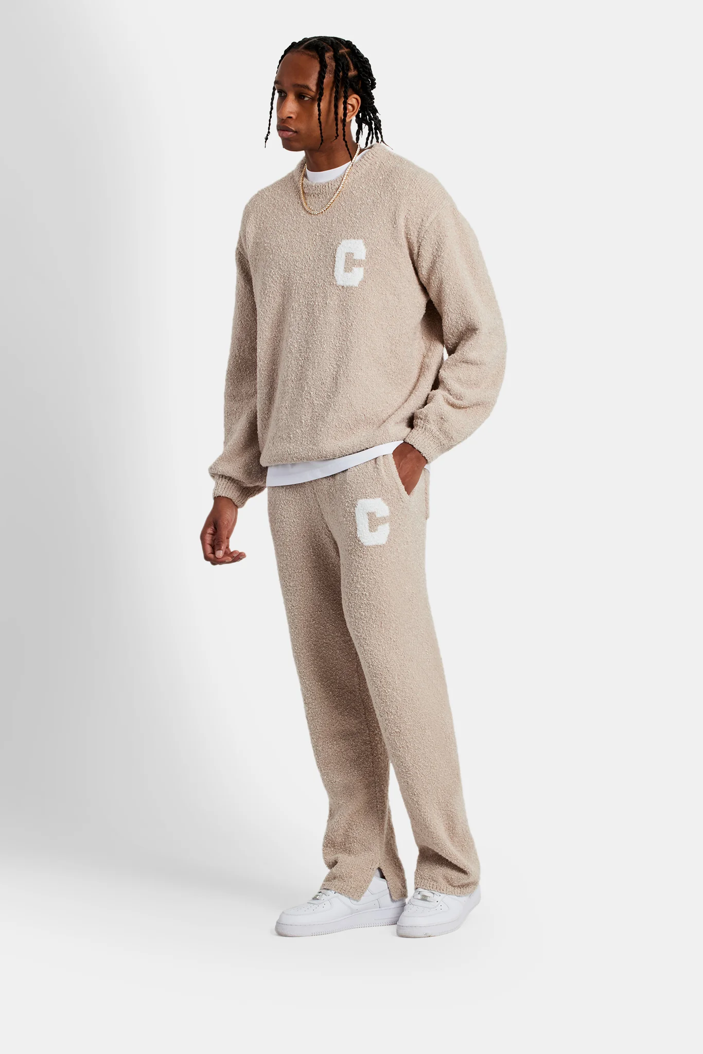 Textured Knitted Sweater Tracksuit - Beige - Image 7
