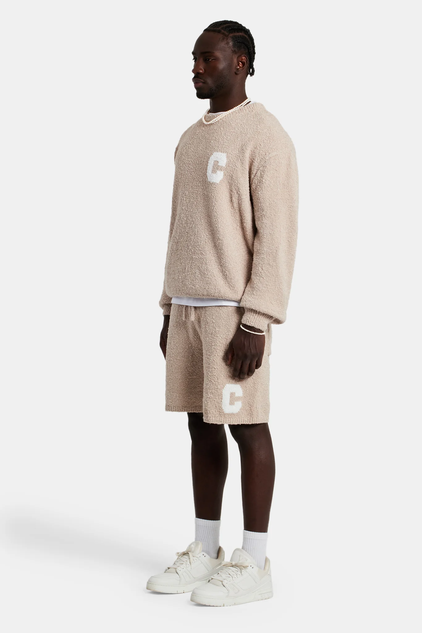 Textured Knitted Sweatshirt Short Tracksuit - Beige - Image 3