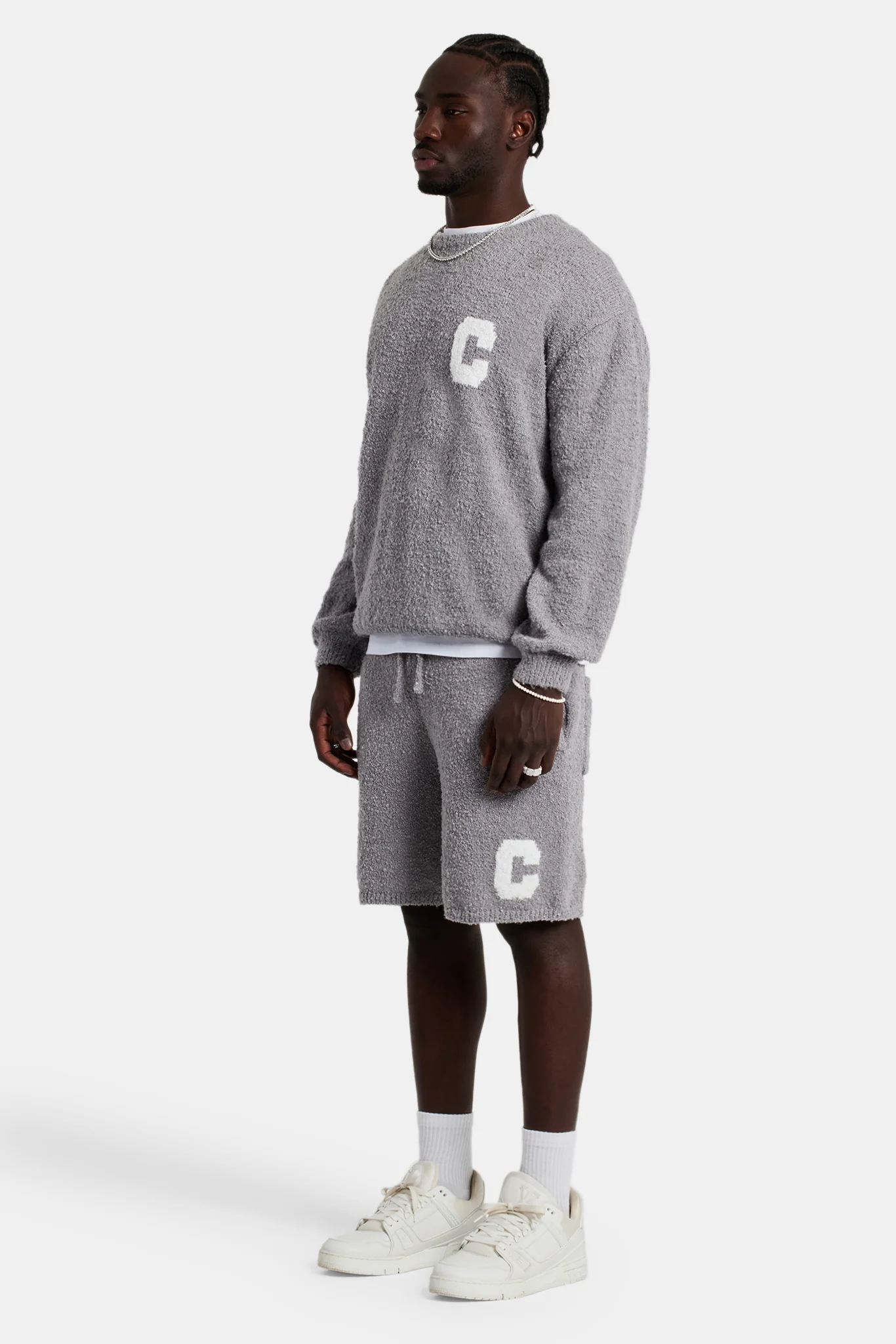 Textured Knitted Sweatshirt Short Tracksuit - Grey - Image 3