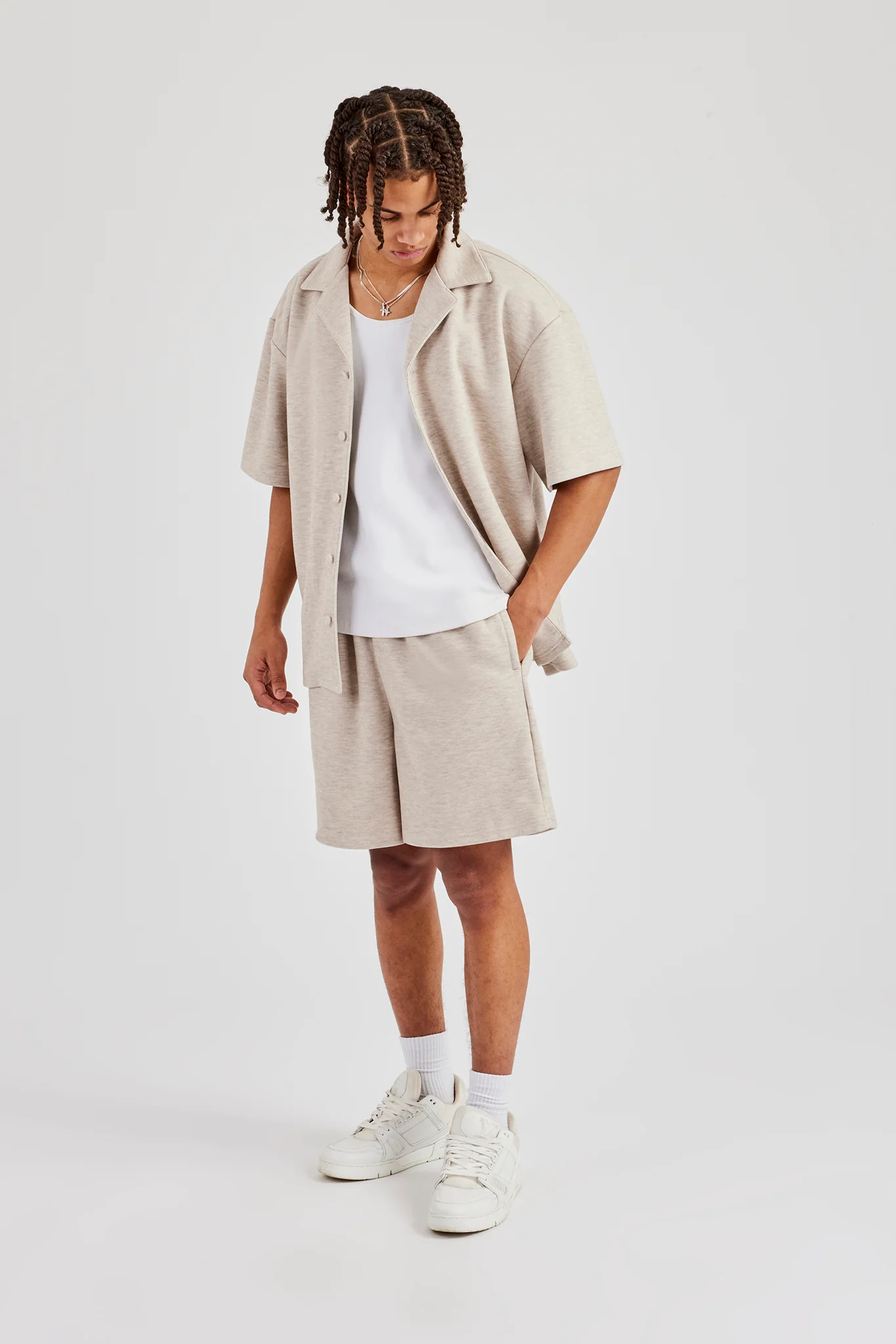 Textured Revere Collar Shirt - Stone - Image 3