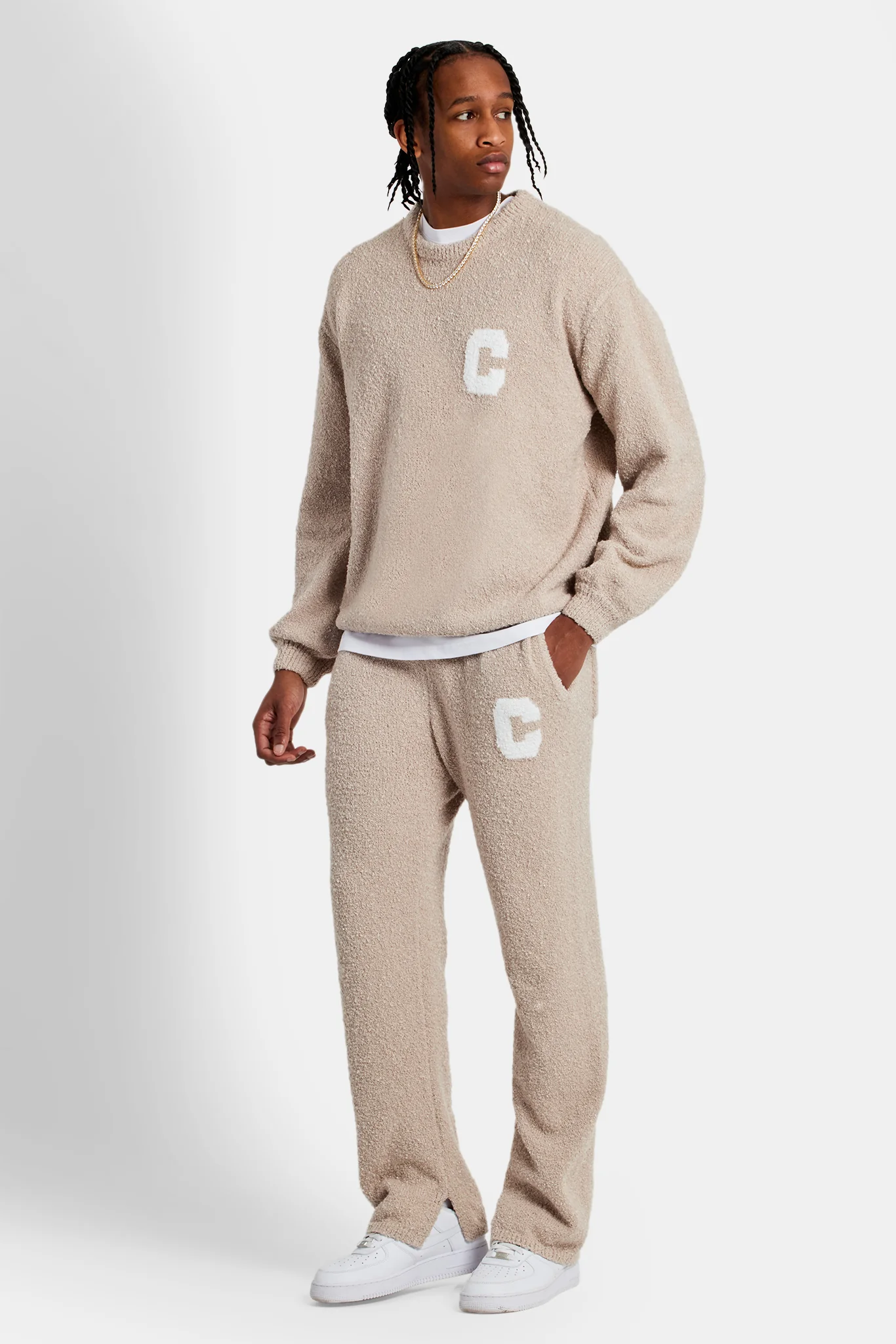 Textured Split Hem Knitted Jogger - Beige - Image 2