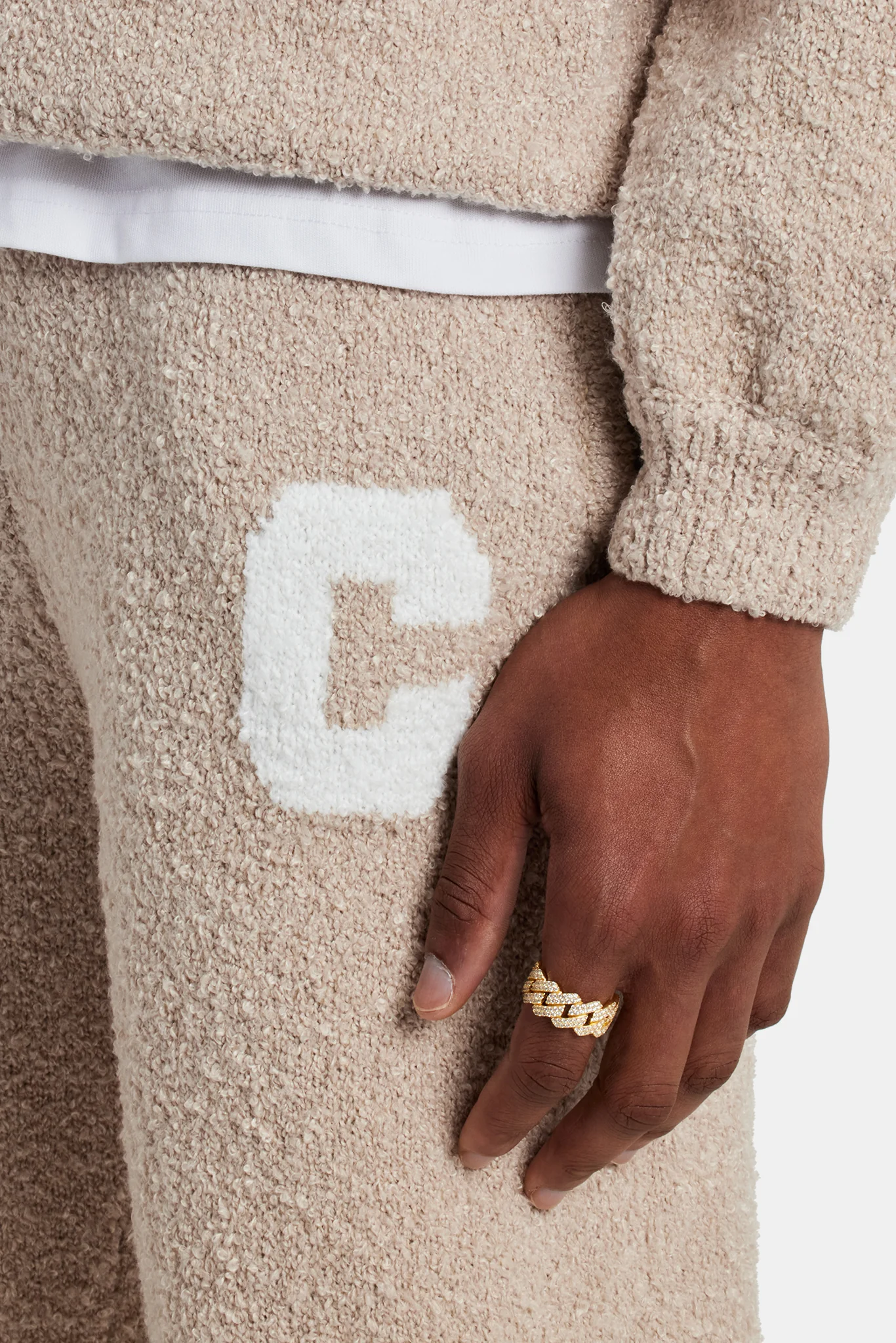 Textured Split Hem Knitted Jogger - Beige - Image 4