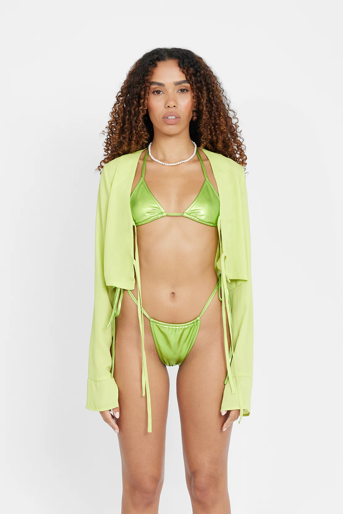 Tie Front Beach Cover Up Top - Lime - Image 2