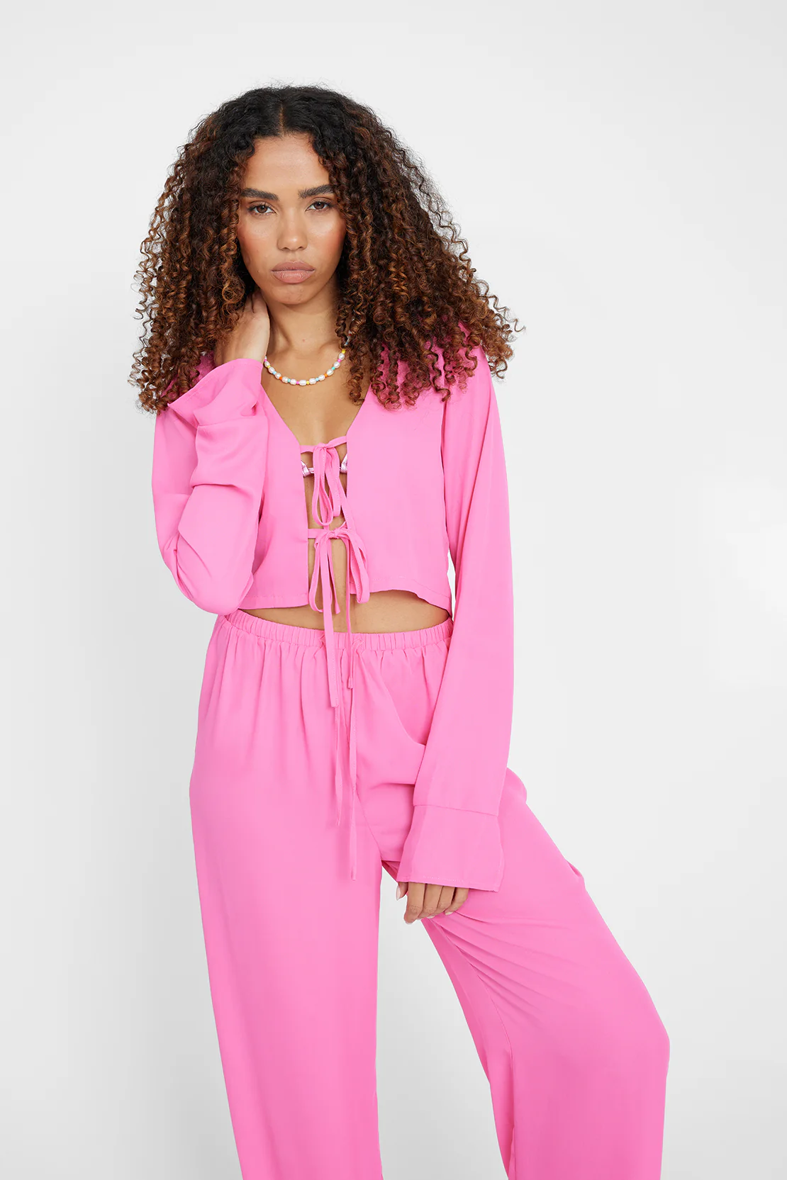 Tie Front Beach Cover Up Top - Pink - Image 2