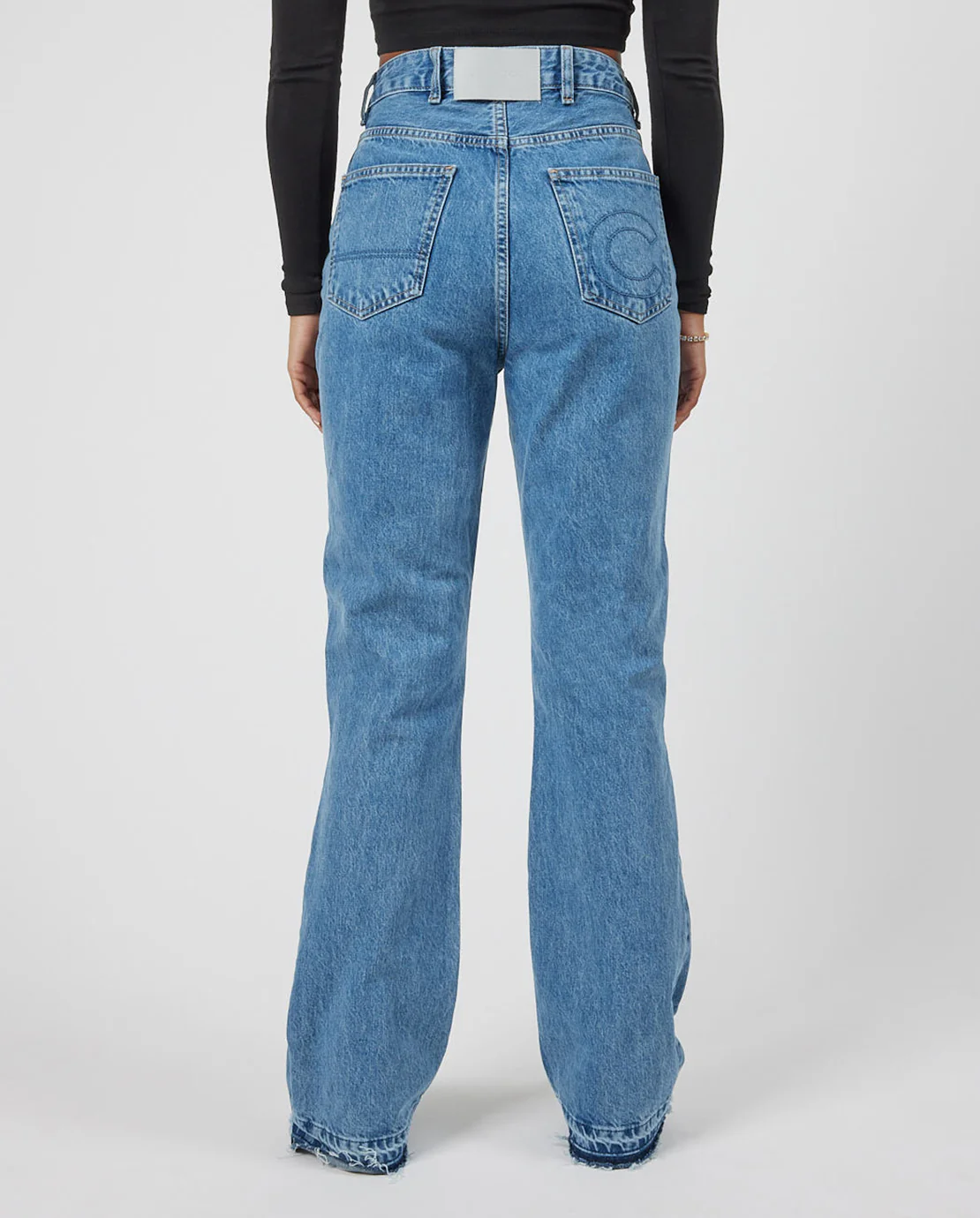 Tonal Panelled Flare Detail Jeans - Mid Blue - Image 4